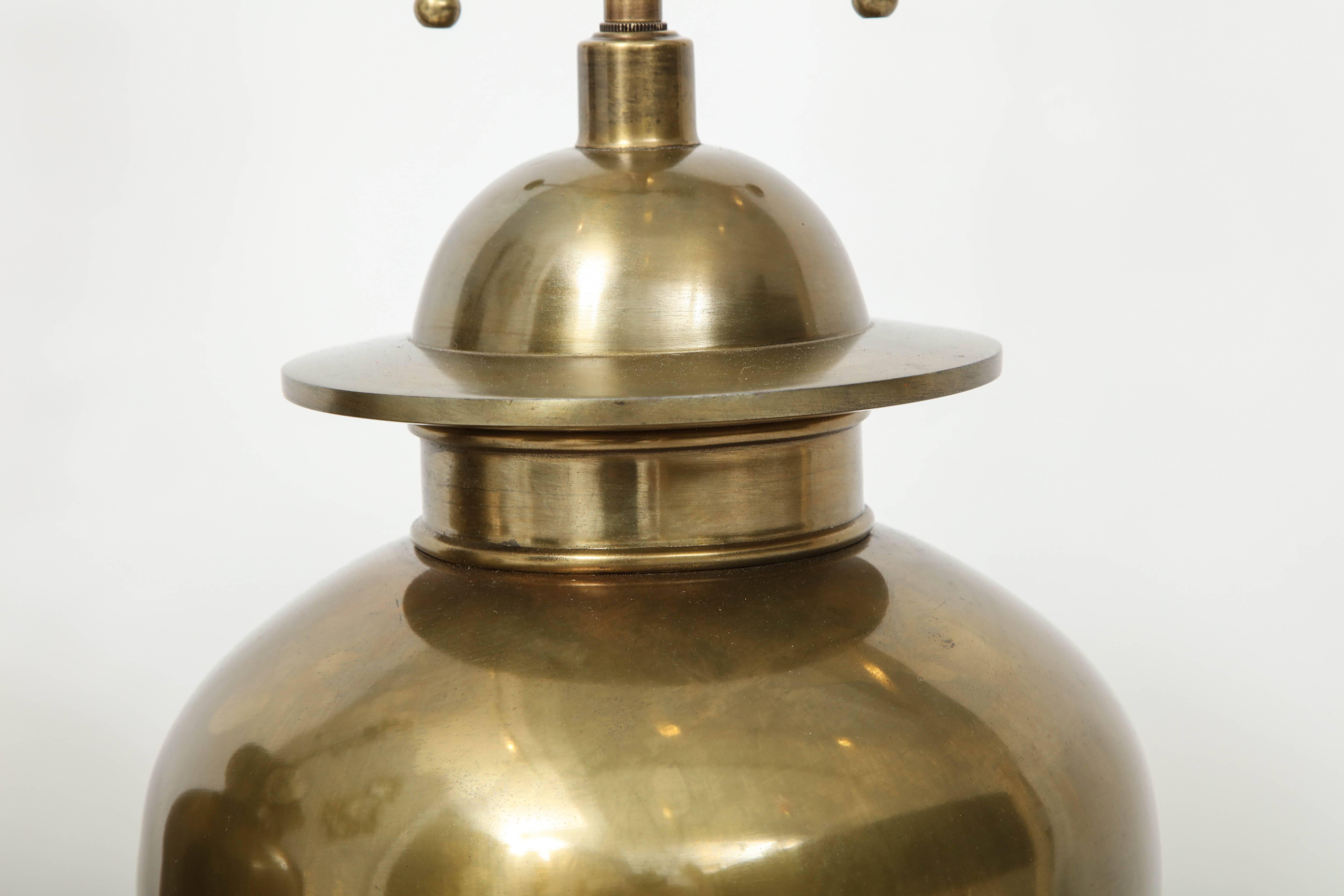 Mid-20th Century Pair of Large Brass Ginger Jar Lamps