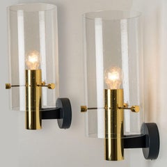 Pair of Large Brass & Glass Wall Lights by Glashütte Limburg, 1970s