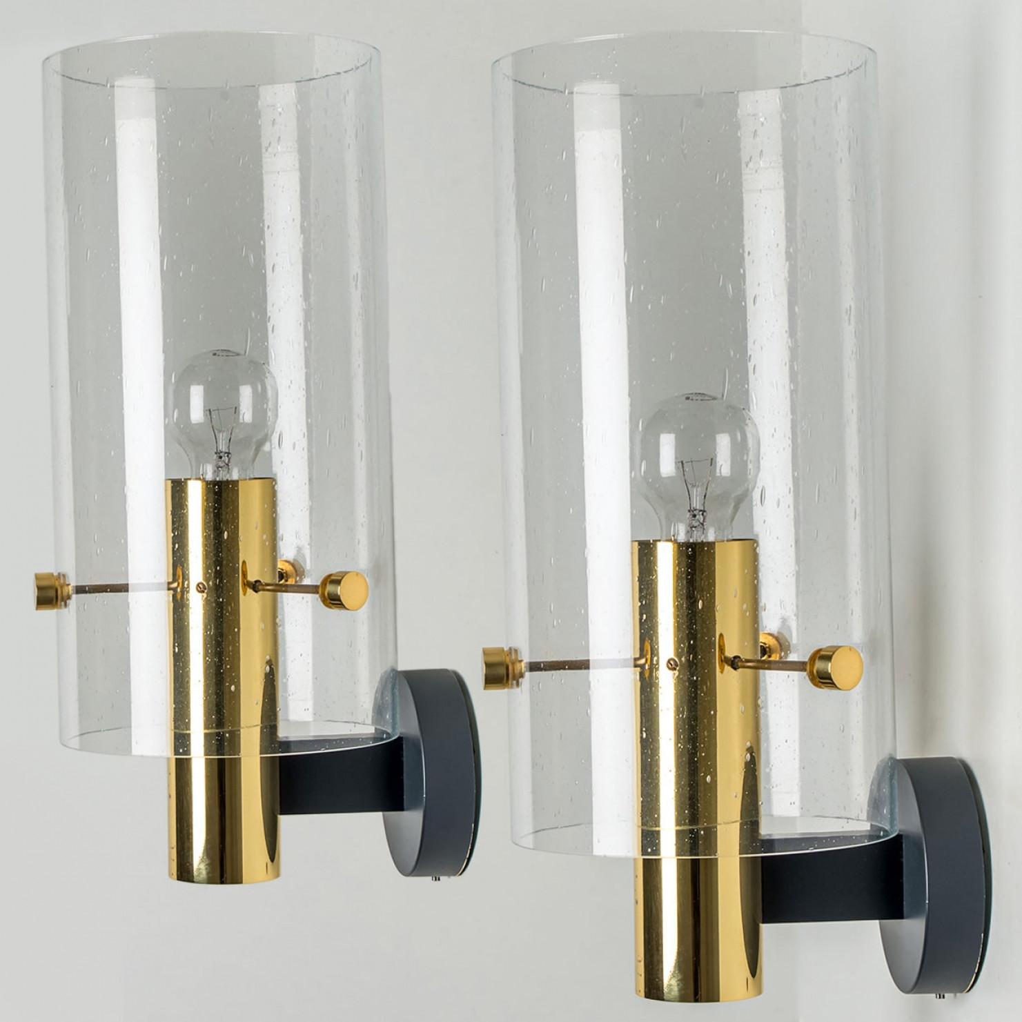 Mid-Century Modern Pair of Large Brass & Glass Wall Lights by Glashütte Limburg, 1970s For Sale