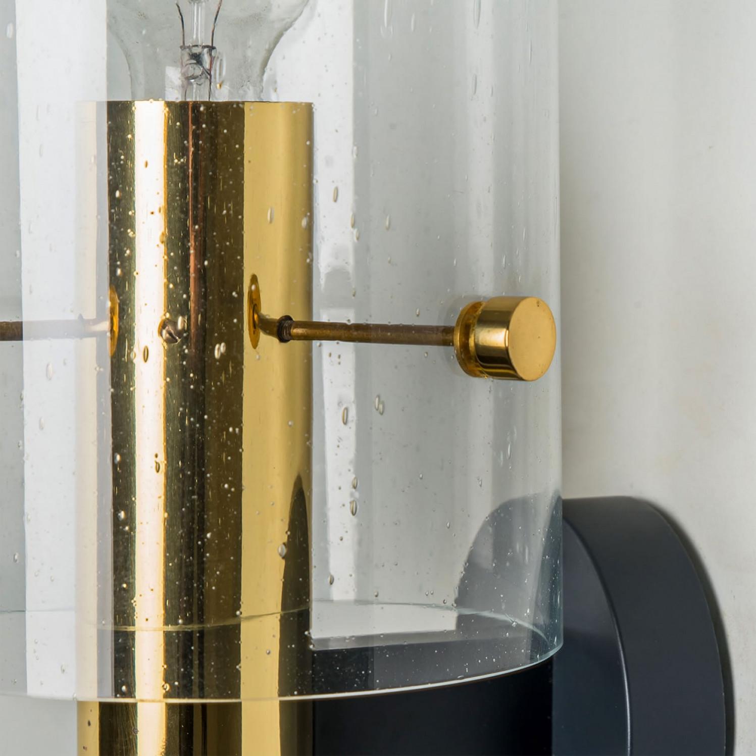 German Pair of Large Brass & Glass Wall Lights by Glashütte Limburg, 1970s For Sale