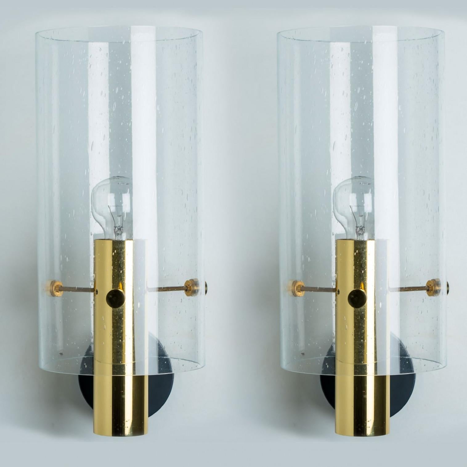 Metal Pair of Large Brass & Glass Wall Lights by Glashütte Limburg, 1970s For Sale