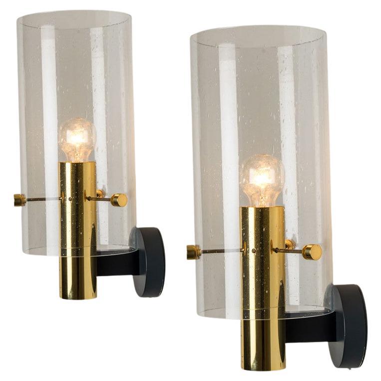 Pair of Large Brass & Glass Wall Lights by Glashütte Limburg, 1970s For Sale