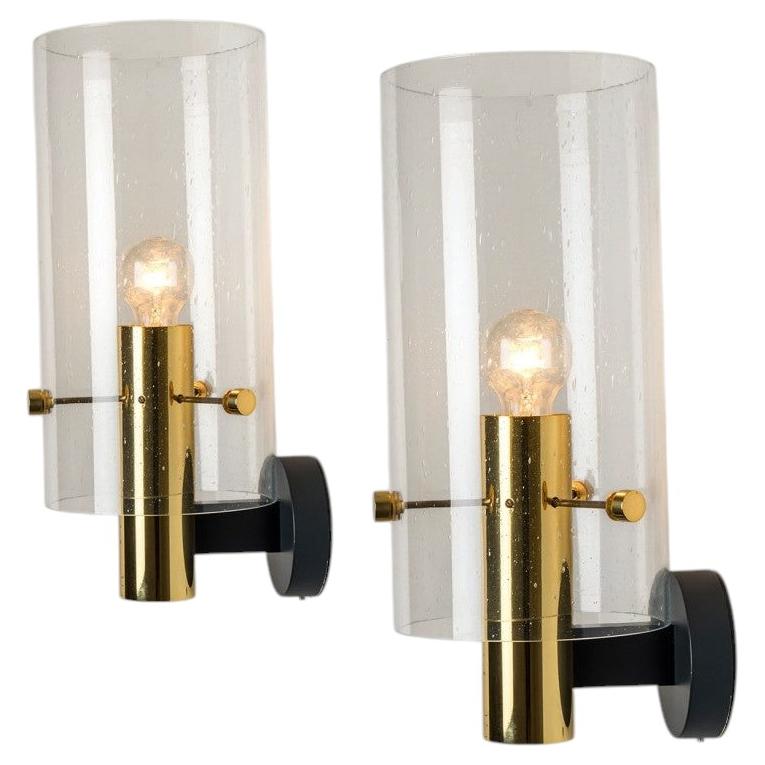 Pair of Large Brass & Glass Wall Lights by Glashütte Limburg, 1970s For Sale