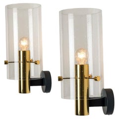 Pair of Large Brass & Glass Wall Lights by Glashütte Limburg, 1970s