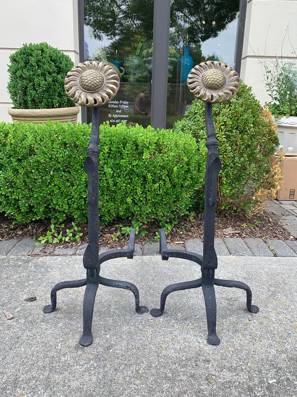 American Pair of Large Brass and Iron Sunflower Andirons, Signed W.H. Pries, circa 1900