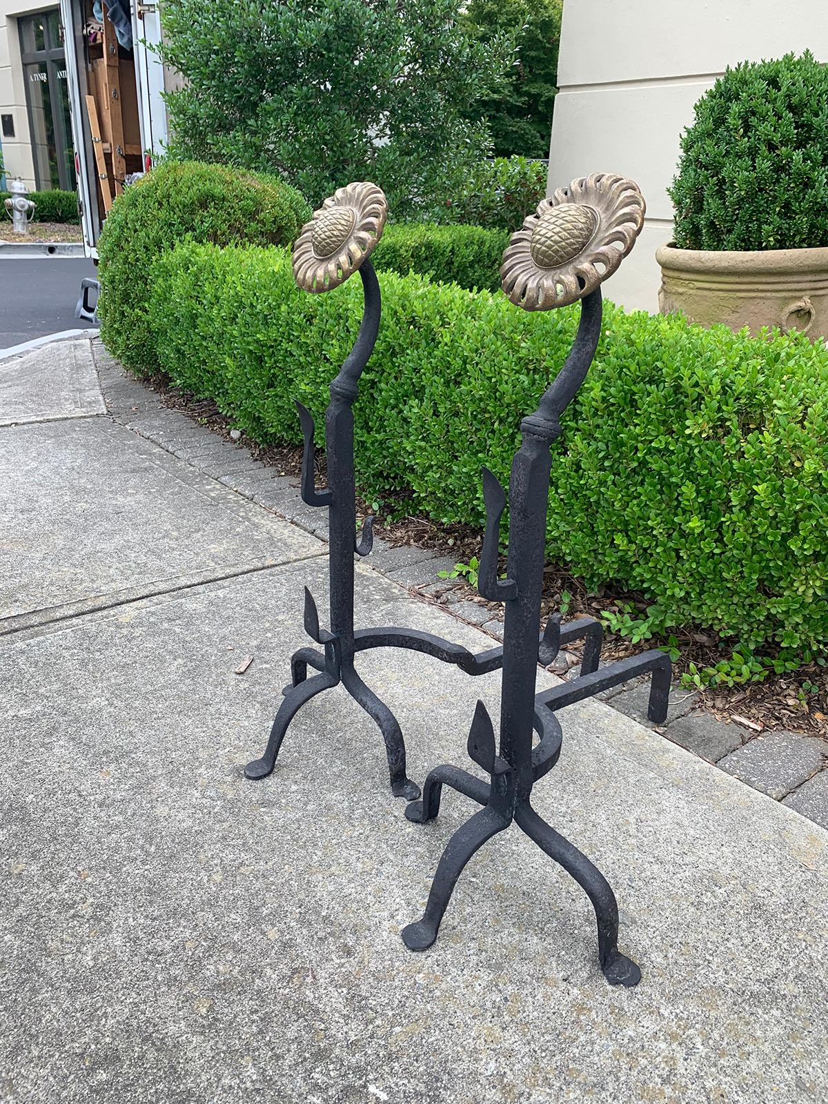Forged Pair of Large Brass and Iron Sunflower Andirons, Signed W.H. Pries, circa 1900