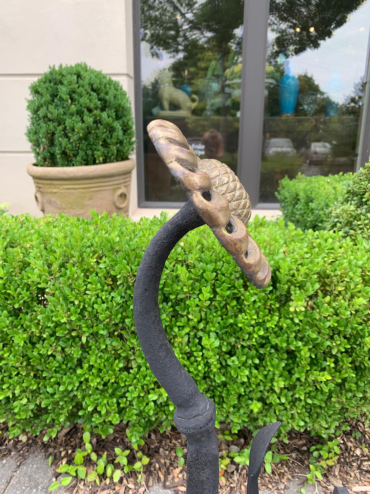 Pair of Large Brass and Iron Sunflower Andirons, Signed W.H. Pries, circa 1900 In Good Condition In Atlanta, GA