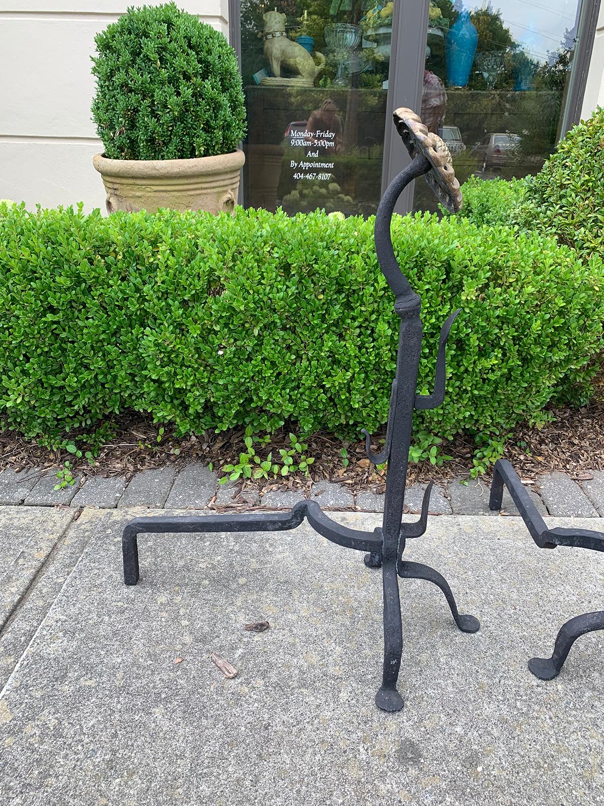 Early 20th Century Pair of Large Brass and Iron Sunflower Andirons, Signed W.H. Pries, circa 1900