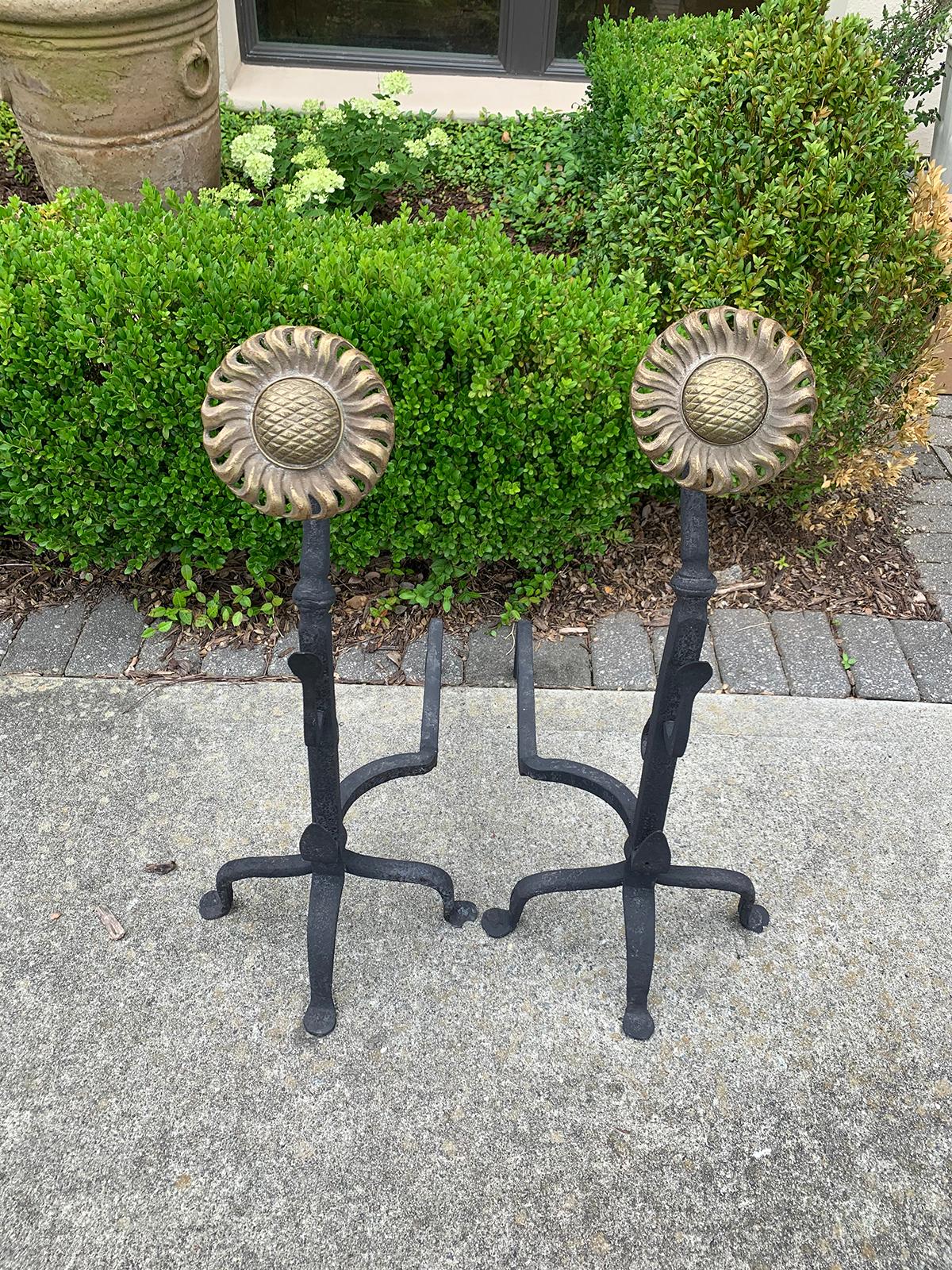 Pair of Large Brass and Iron Sunflower Andirons, Signed W.H. Pries, circa 1900 2