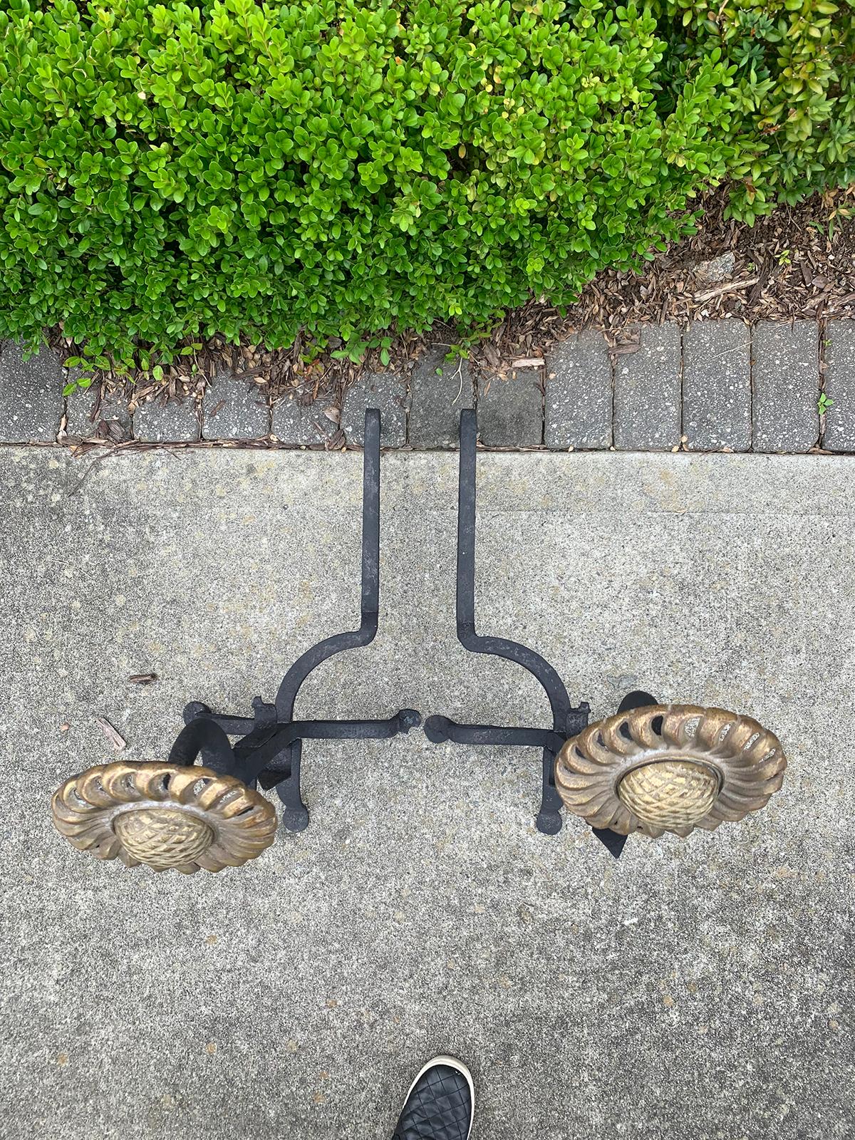 Pair of Large Brass and Iron Sunflower Andirons, Signed W.H. Pries, circa 1900 3