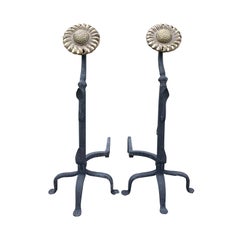 Pair of Large Brass and Iron Sunflower Andirons, Signed W.H. Pries, circa 1900