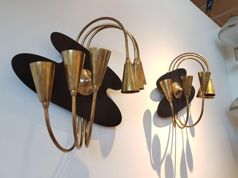 Pair of Large Brass MidCentury Modern Wall Sconces, Stilnovo Style