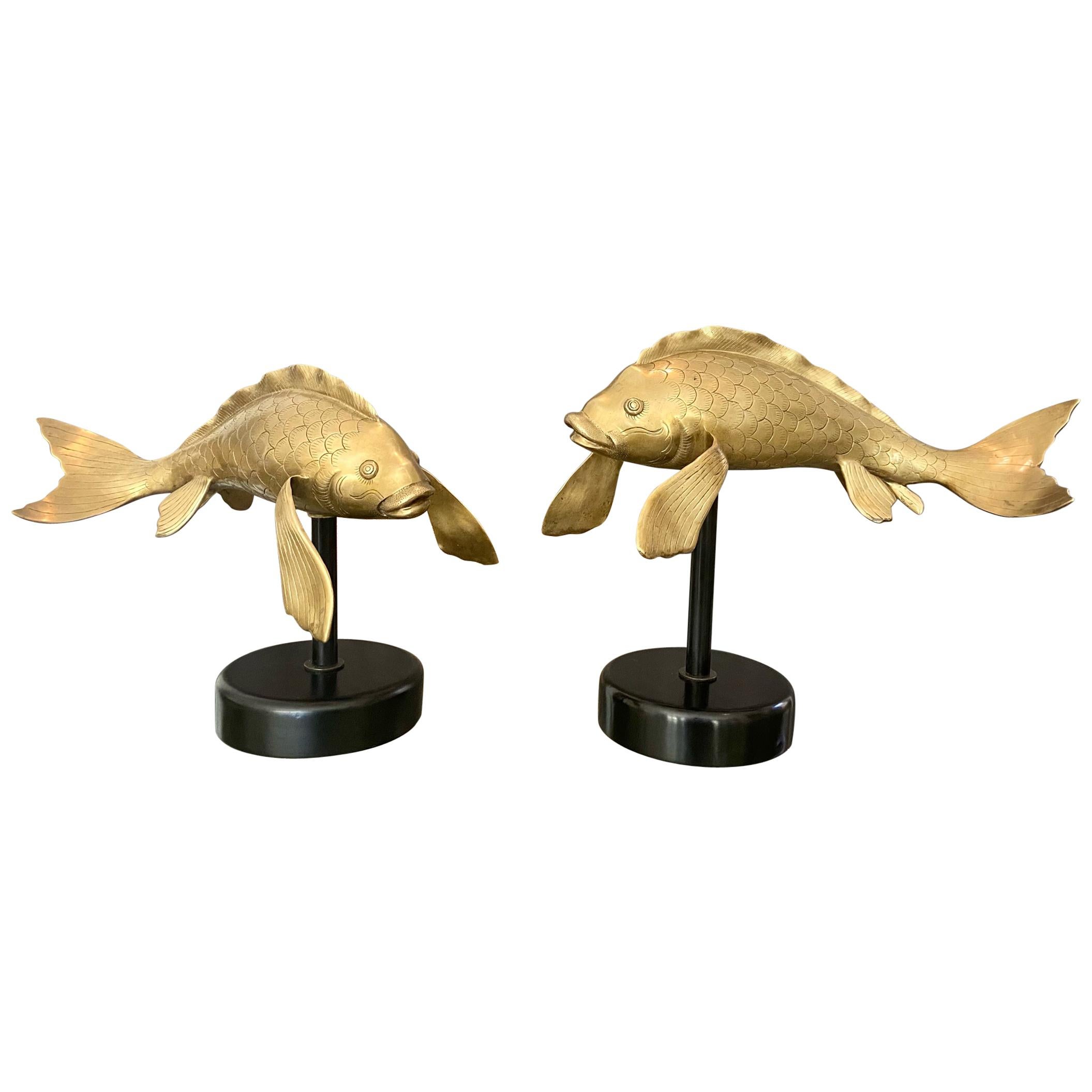 Pair of Large Brass Koi Fish Figural Sculptures