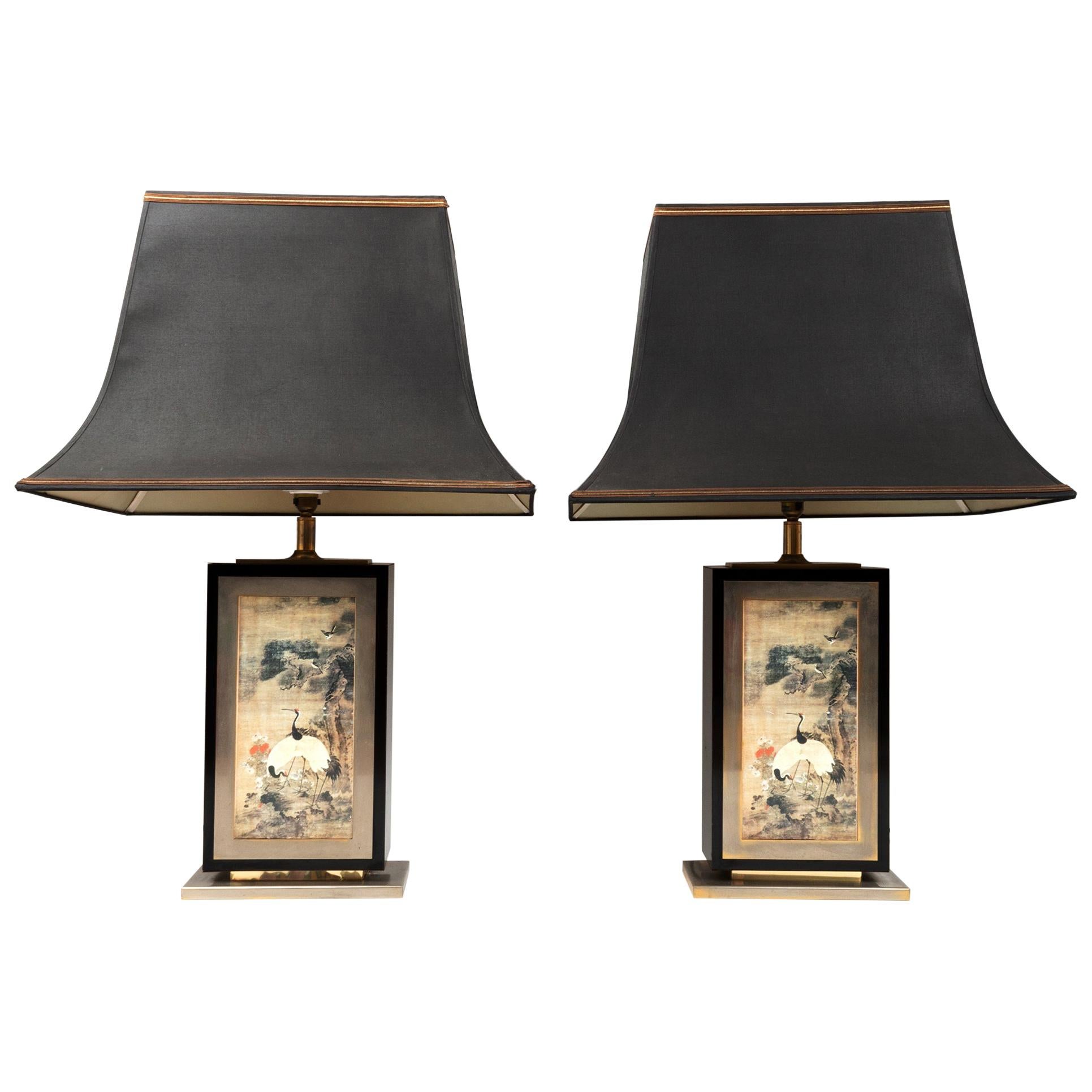 Pair of Large Brass & Lacquer Pagoda Lamps Jean-Claude Mahey, France, circa 1970