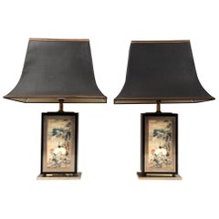 Vintage Pair of Large Brass & Lacquer Pagoda Lamps Jean-Claude Mahey, France, circa 1970