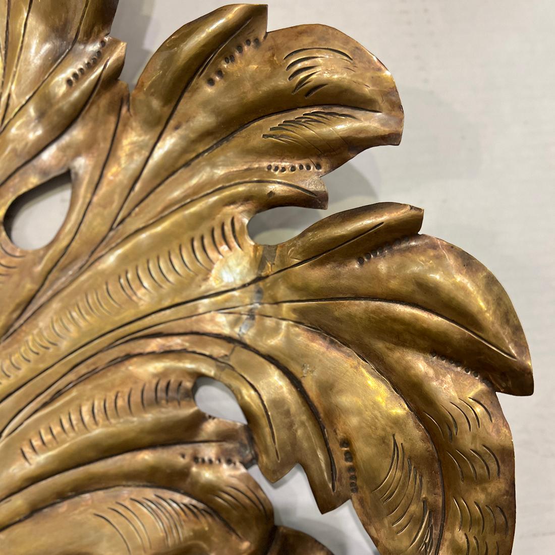 Repoussé Pair of Large Brass Leaf Sconces For Sale