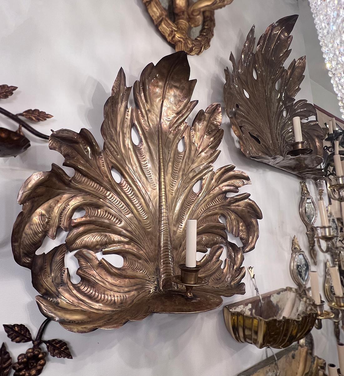 Pair of Large Brass Leaf Sconces For Sale 1