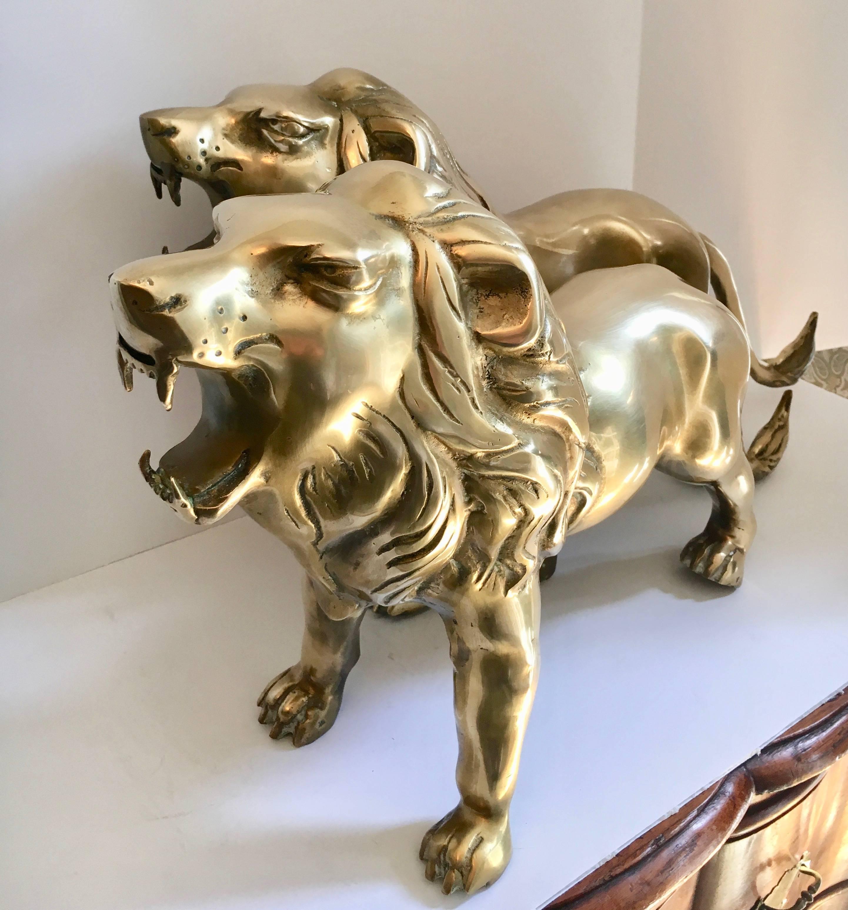 Hollywood Regency Pair of Large Brass Lion Sculpture Bookends
