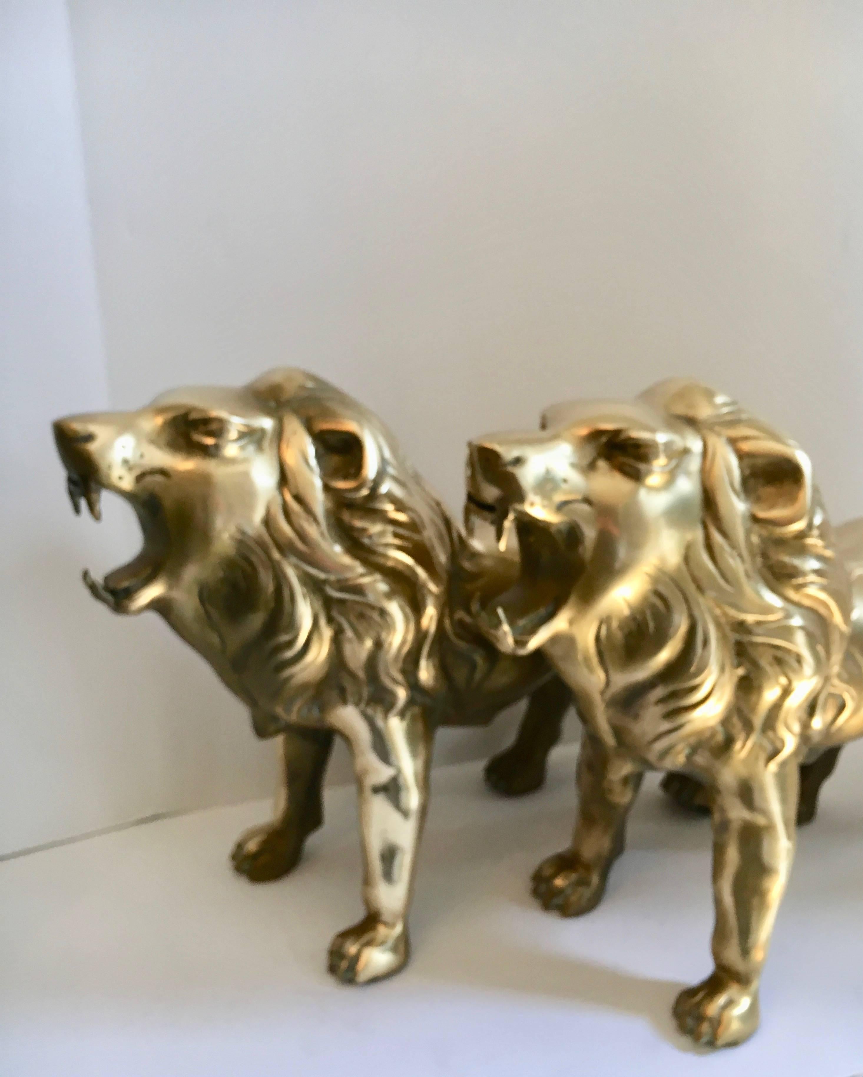 Pair of Large Brass Lion Sculpture Bookends In Excellent Condition In Los Angeles, CA