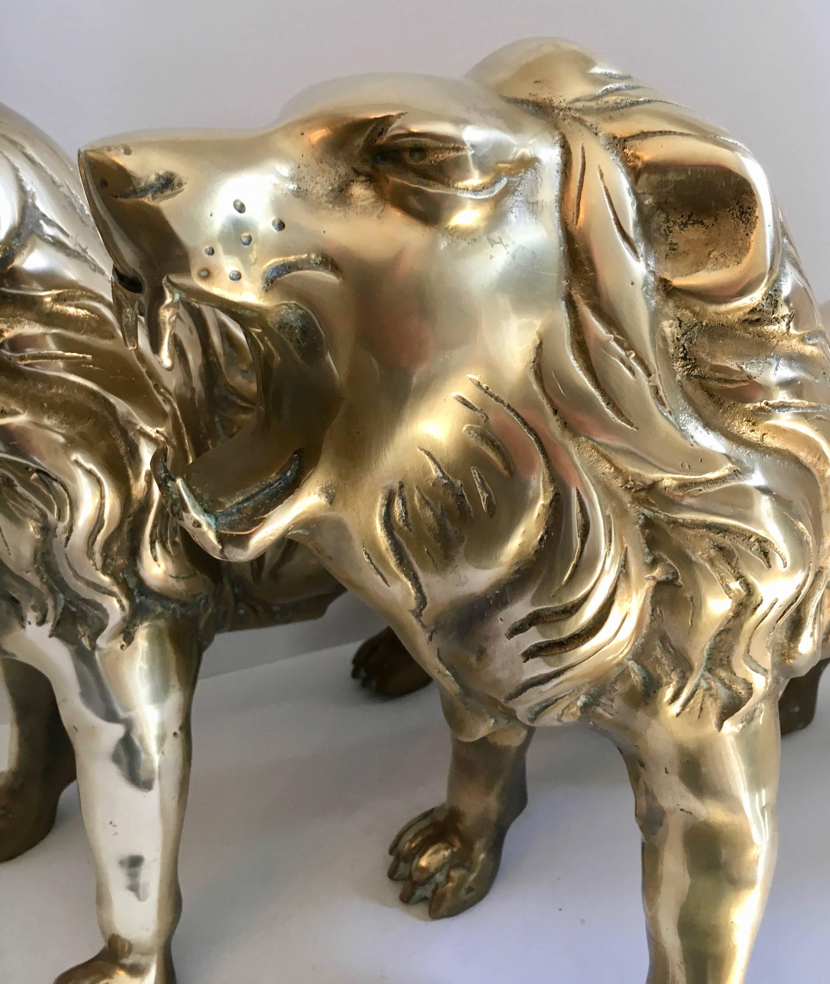 20th Century Pair of Large Brass Lion Sculpture Bookends
