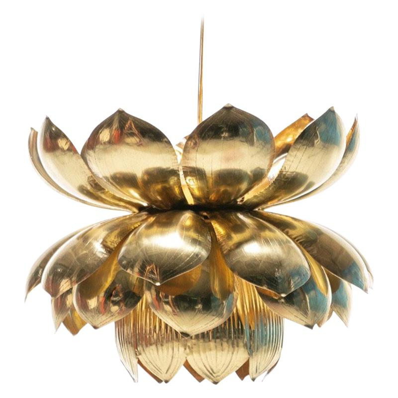 Pair of large lotus pendant light fixtures by Feldman Lighting Company. A show stopper and epitome of glam. Large Parzinger style brass lotus pedant fixture by Feldman Lighting Company. The largest of the Feldman Lotus Fixtures - and often described