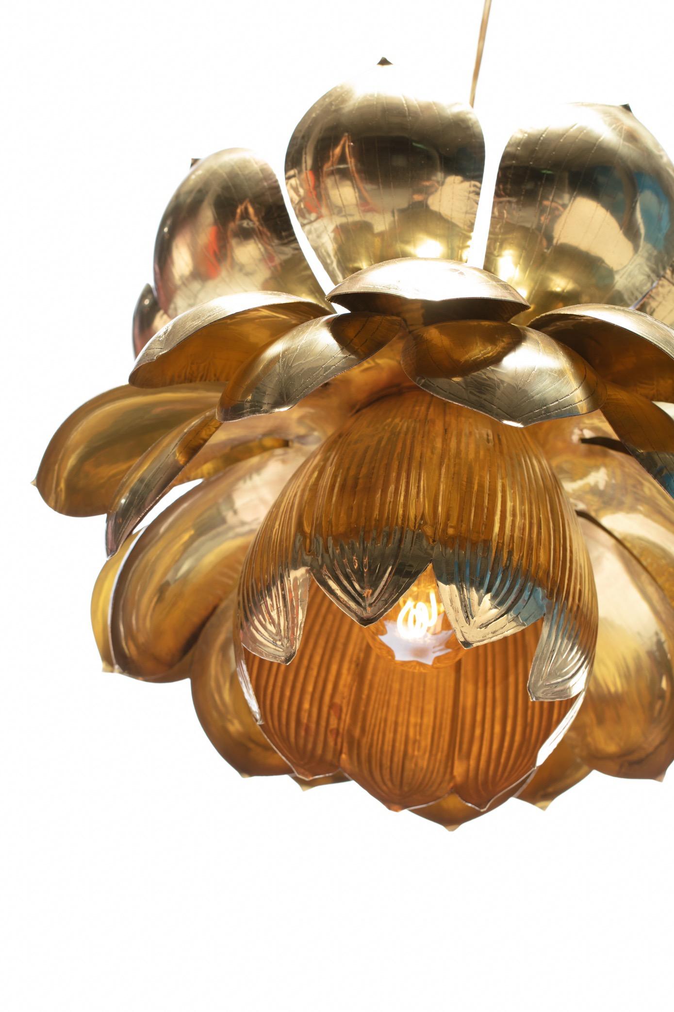 Hong Kong Pair of Large Brass Lotus Fixtures by Feldman in the Style of Tommi Parzinger For Sale