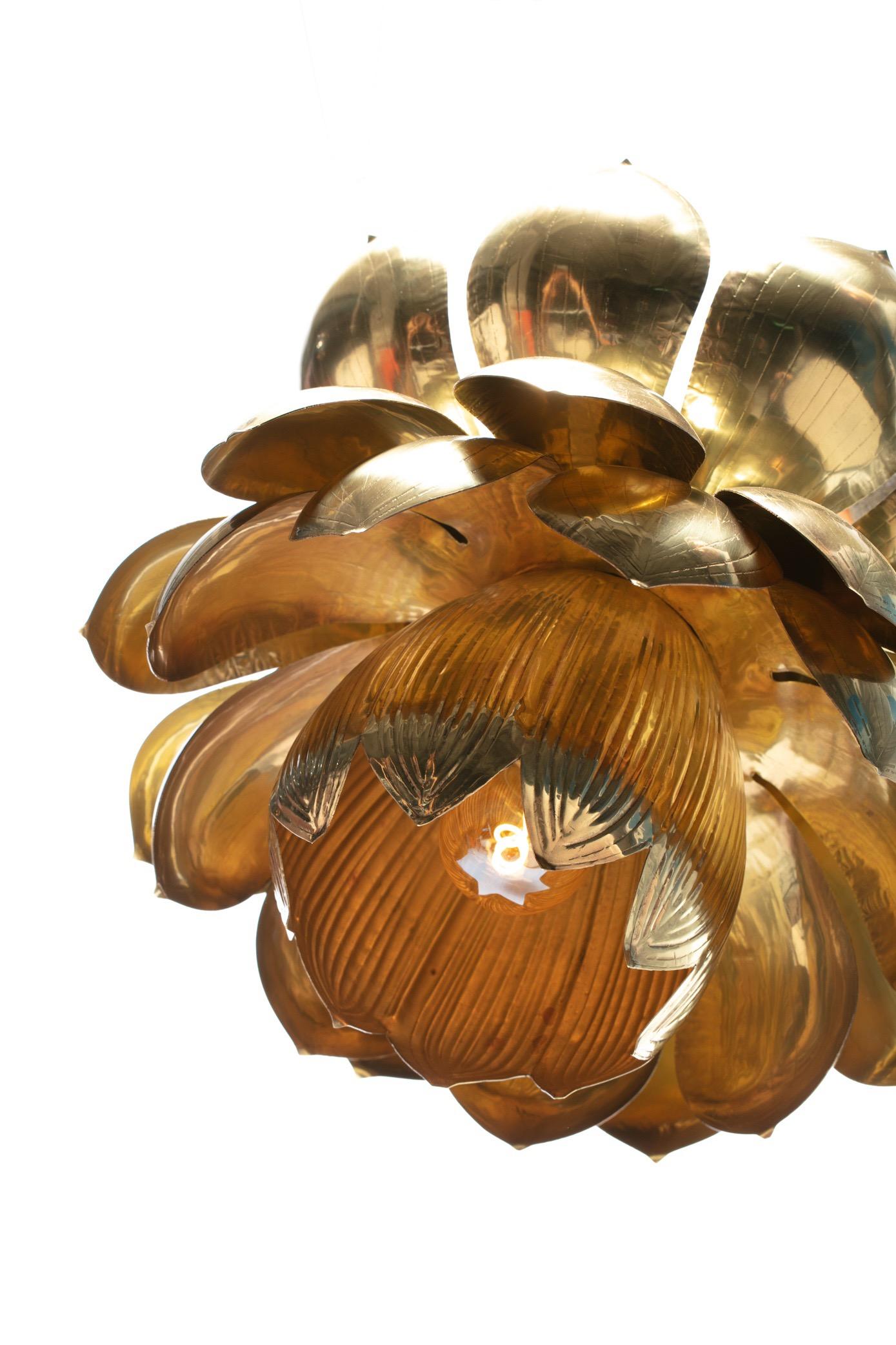 Mid-20th Century Pair of Large Brass Lotus Fixtures by Feldman in the Style of Tommi Parzinger For Sale
