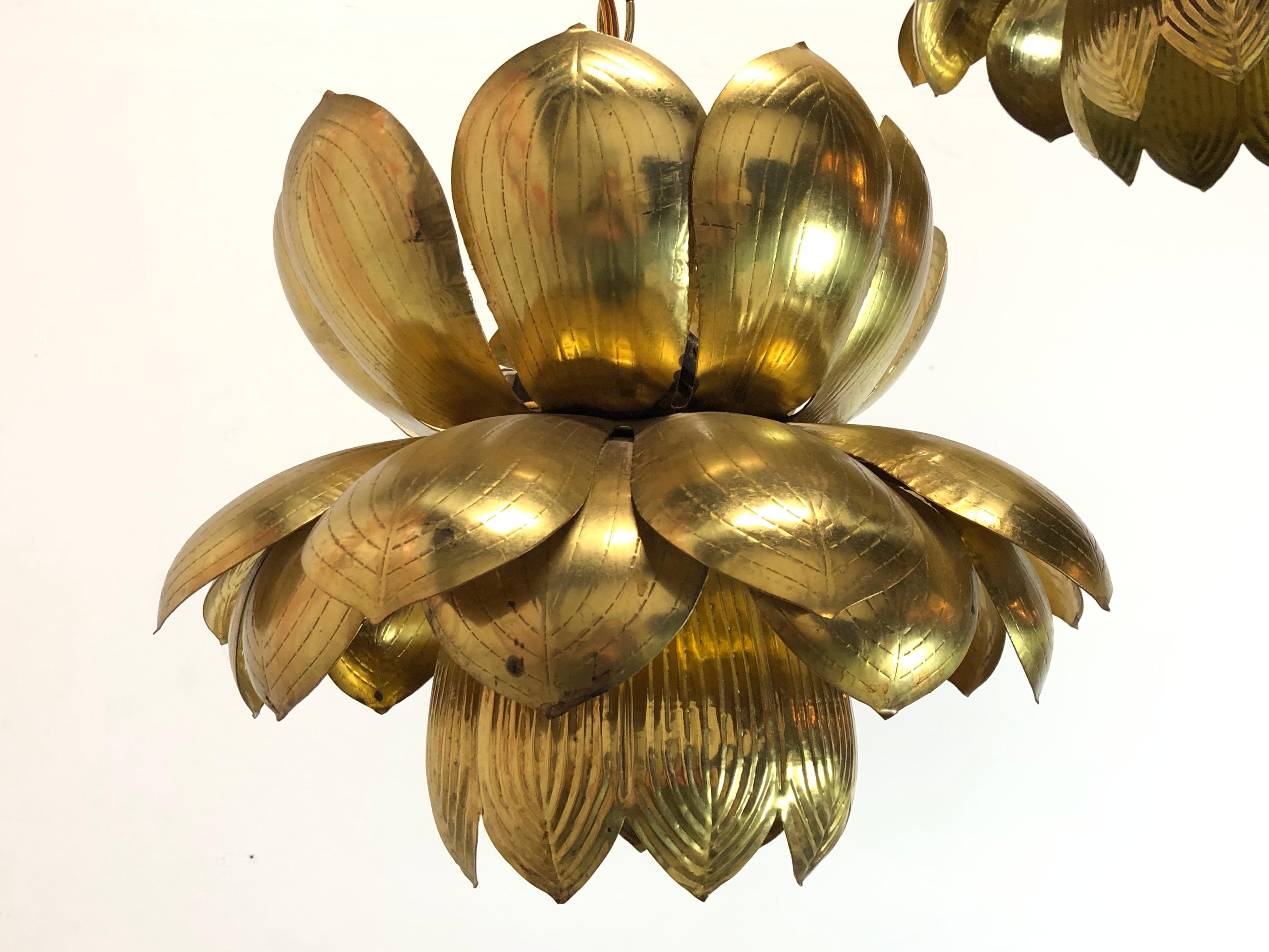 Pair of Large Brass Lotus Pendants 5