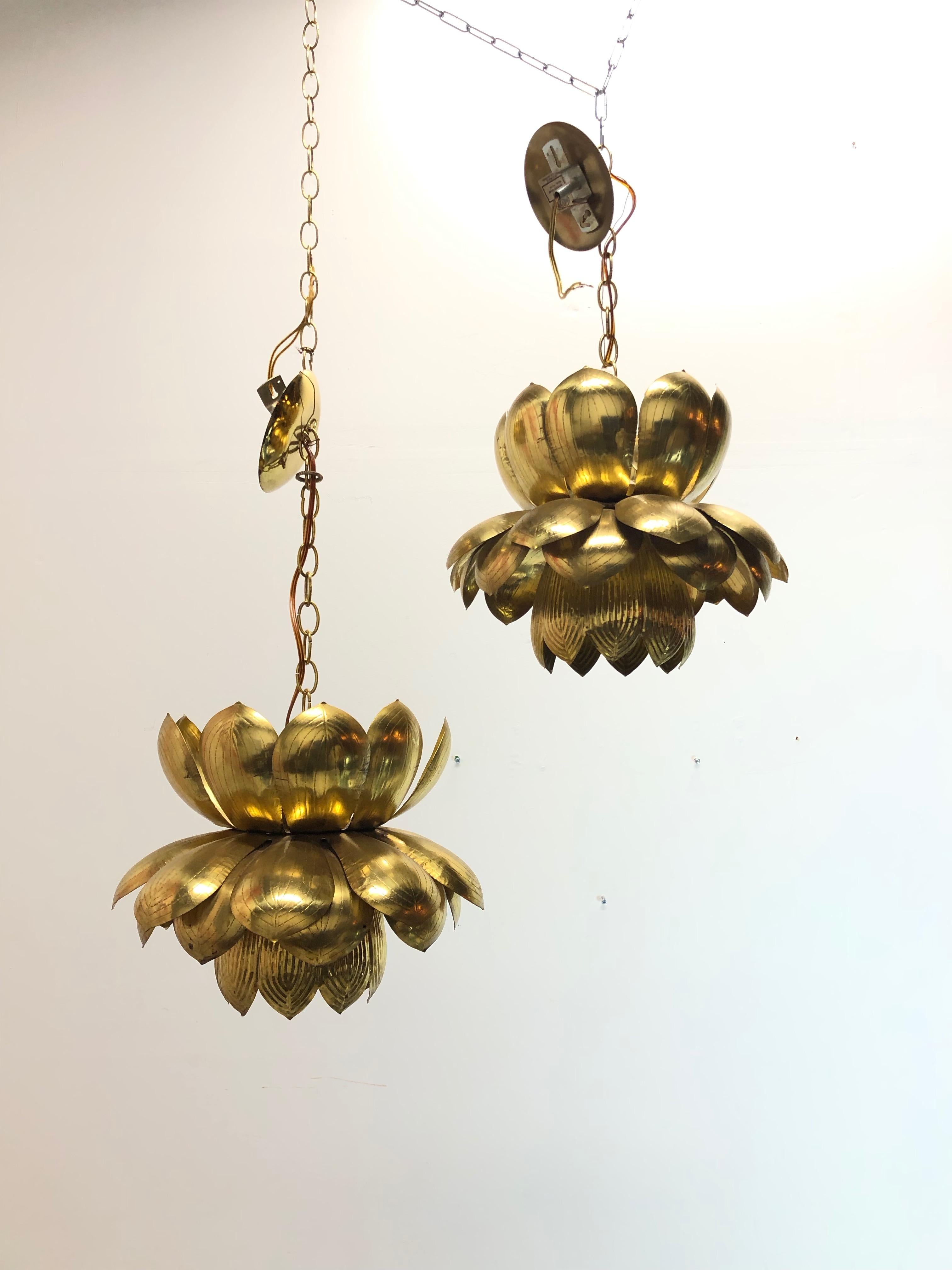 Mid-Century Modern Pair of Large Brass Lotus Pendants