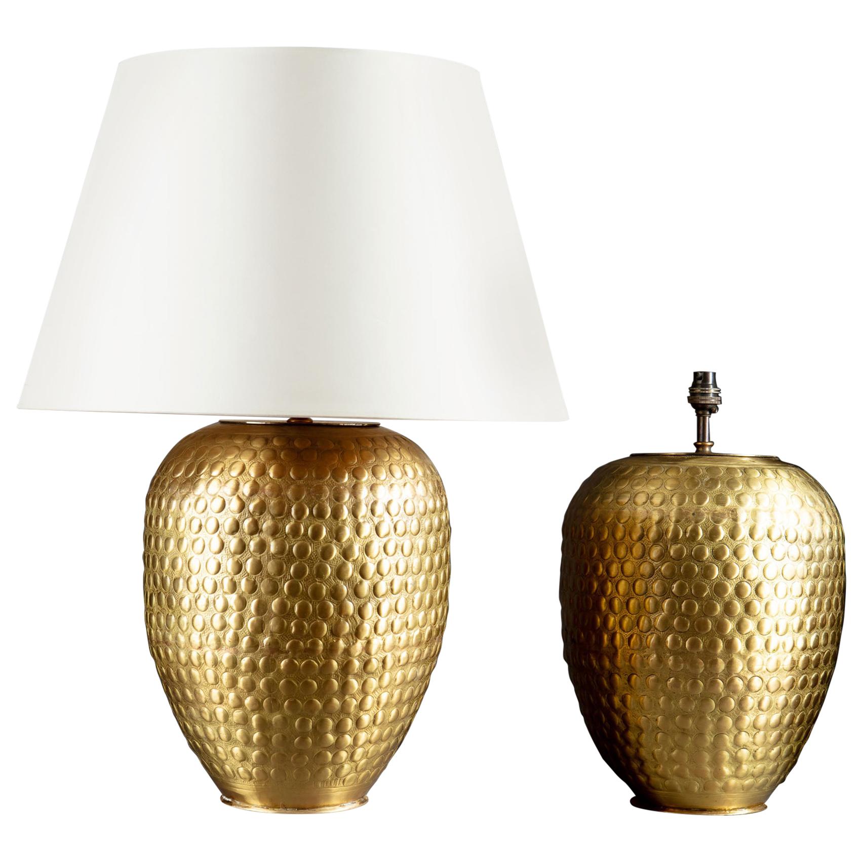 Pair of Large Brass Punched Metal Vases as Table Lamps For Sale