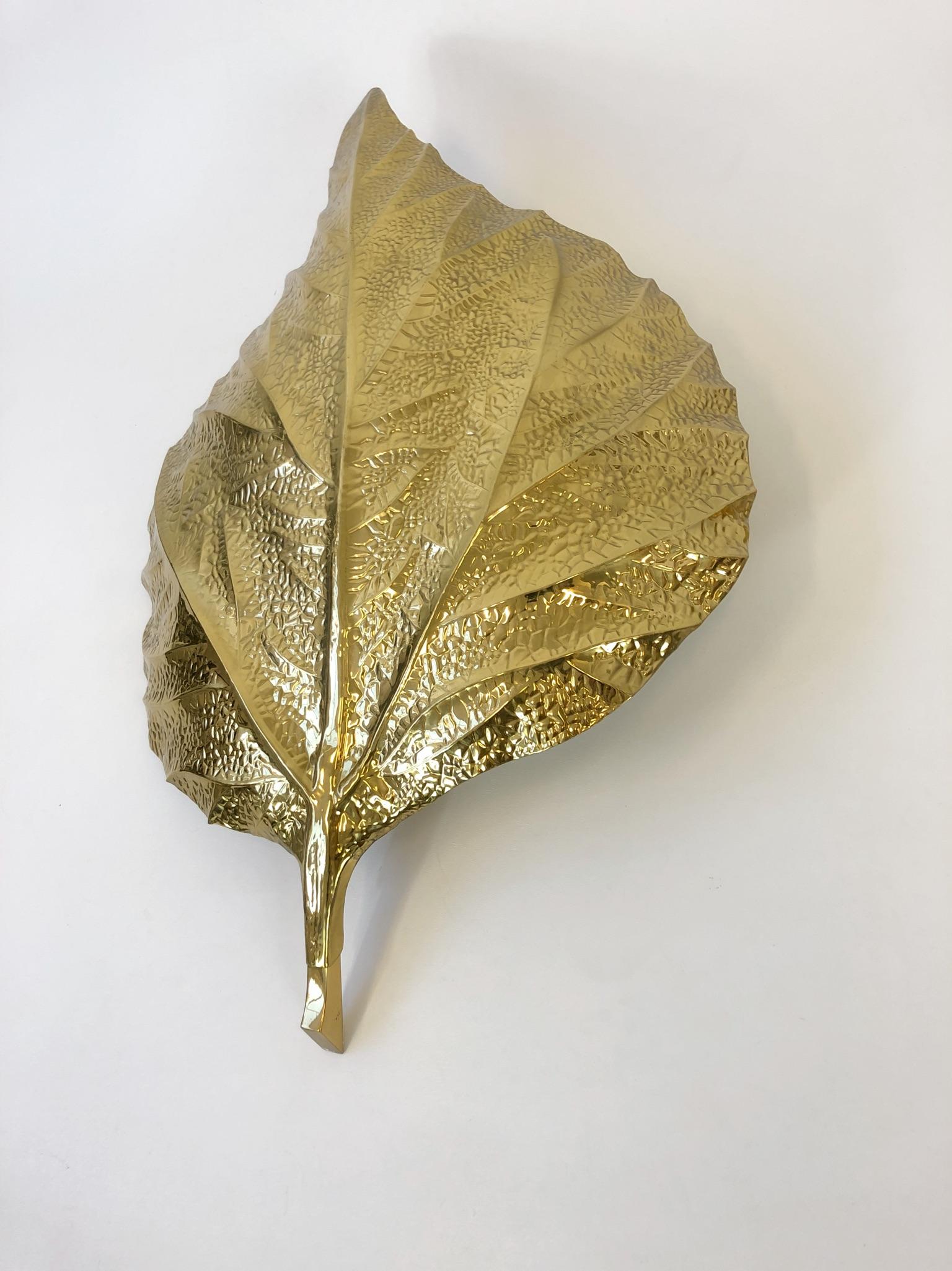 Pair of Large Brass Rhubarb Leafs Wall Scones by Tommaso Barbi In Excellent Condition In Palm Springs, CA