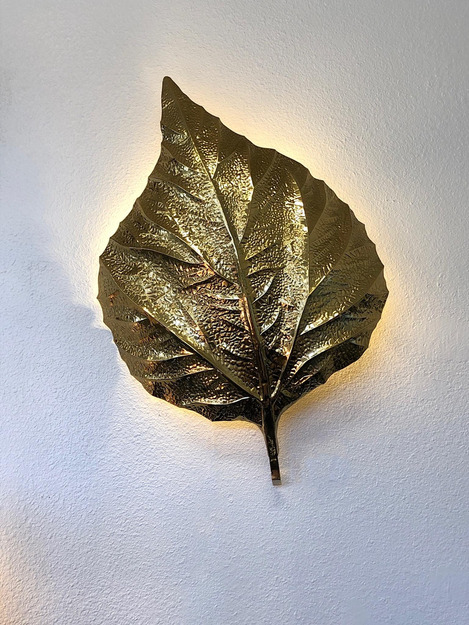 Pair of Large Brass Rhubarb Leafs Wall Scones by Tommaso Barbi 1