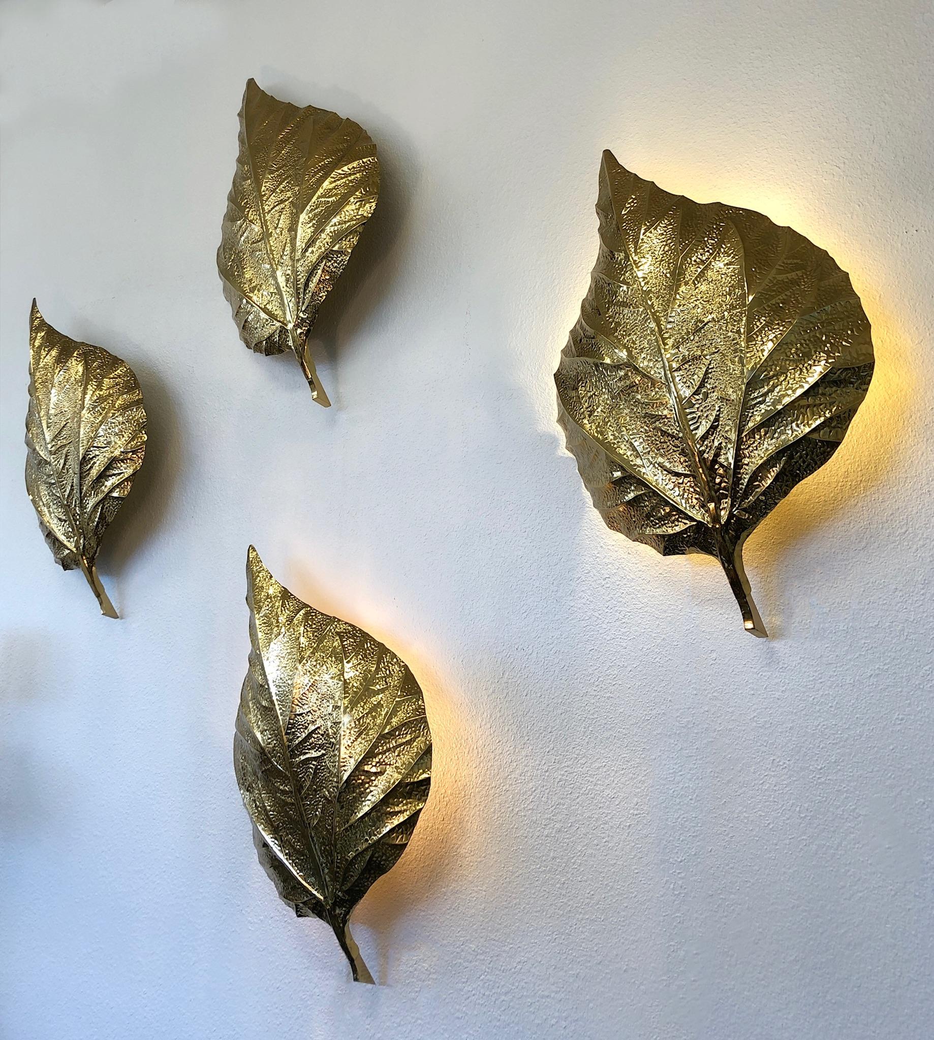 Pair of Large Brass Rhubarb Leafs Wall Scones by Tommaso Barbi 2