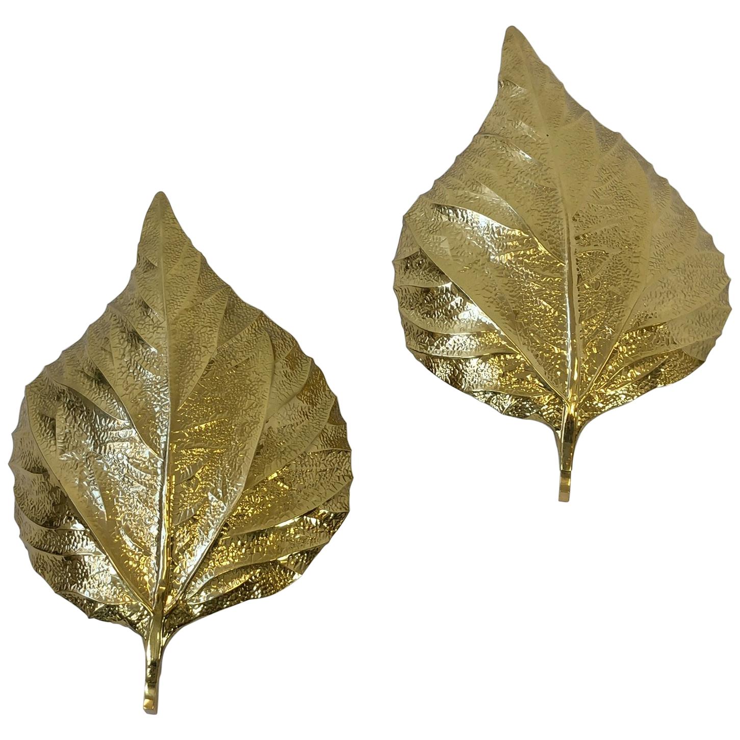 Pair of Large Brass Rhubarb Leafs Wall Scones by Tommaso Barbi