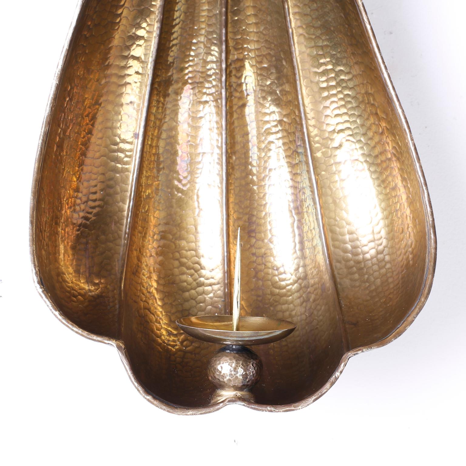 20th Century Pair of Large Brass Sea Shell Sconces