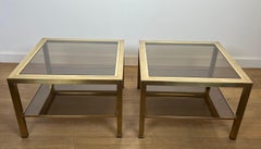 Pair of Large Brass Side Tables with Smoked Glass