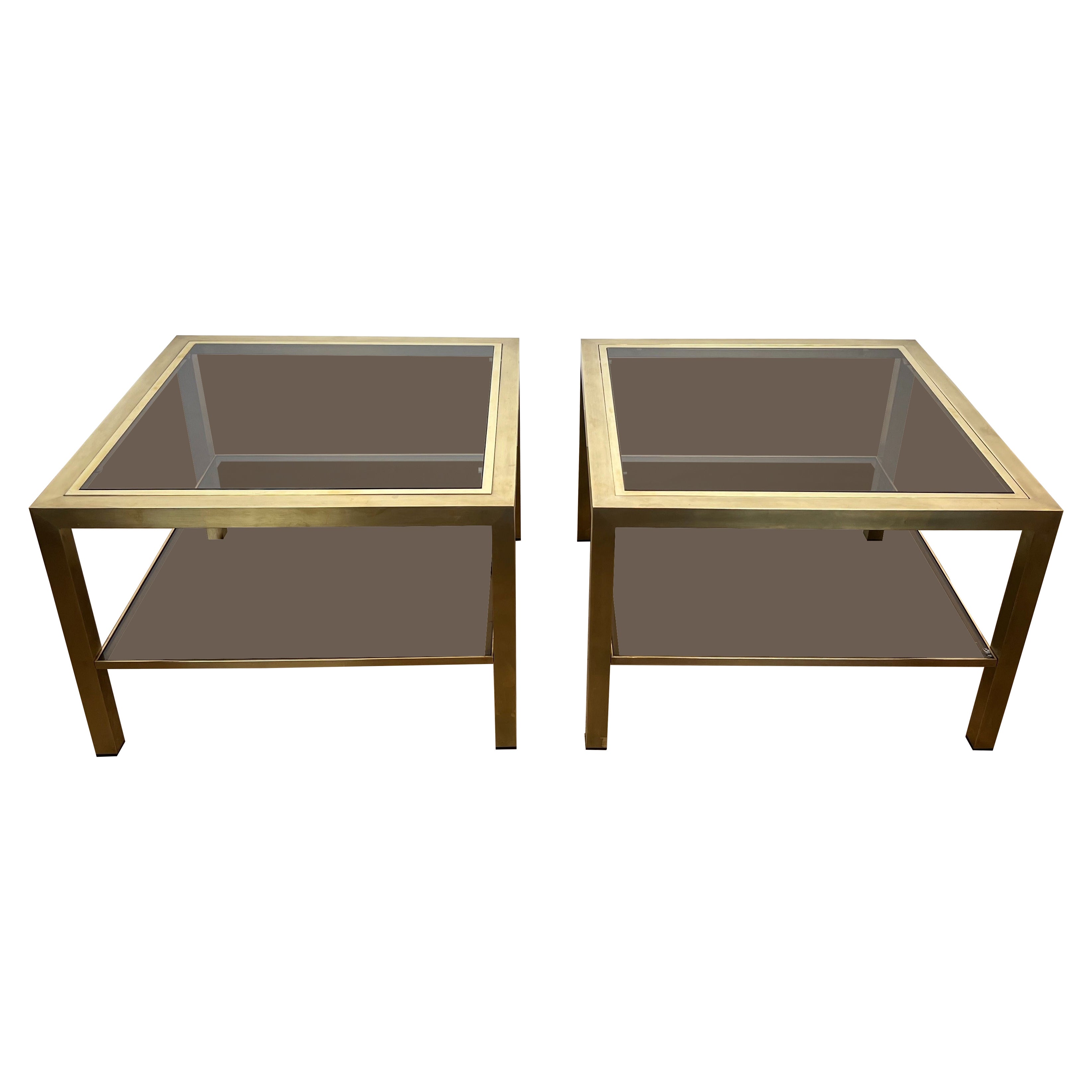 Pair of Large Brass Side Tables with Smoked Glass