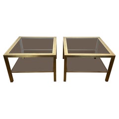 Pair of Large Brass Side Tables with Smoked Glass