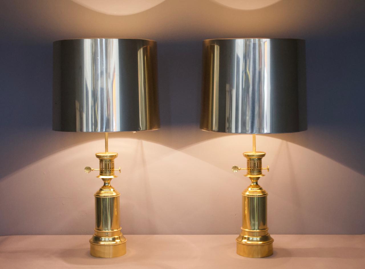 Pair of Large Brass Table Lamps by Vereinigte Werkstätten Germany 1960s with metal shades.
Good condition with small signs of usage.