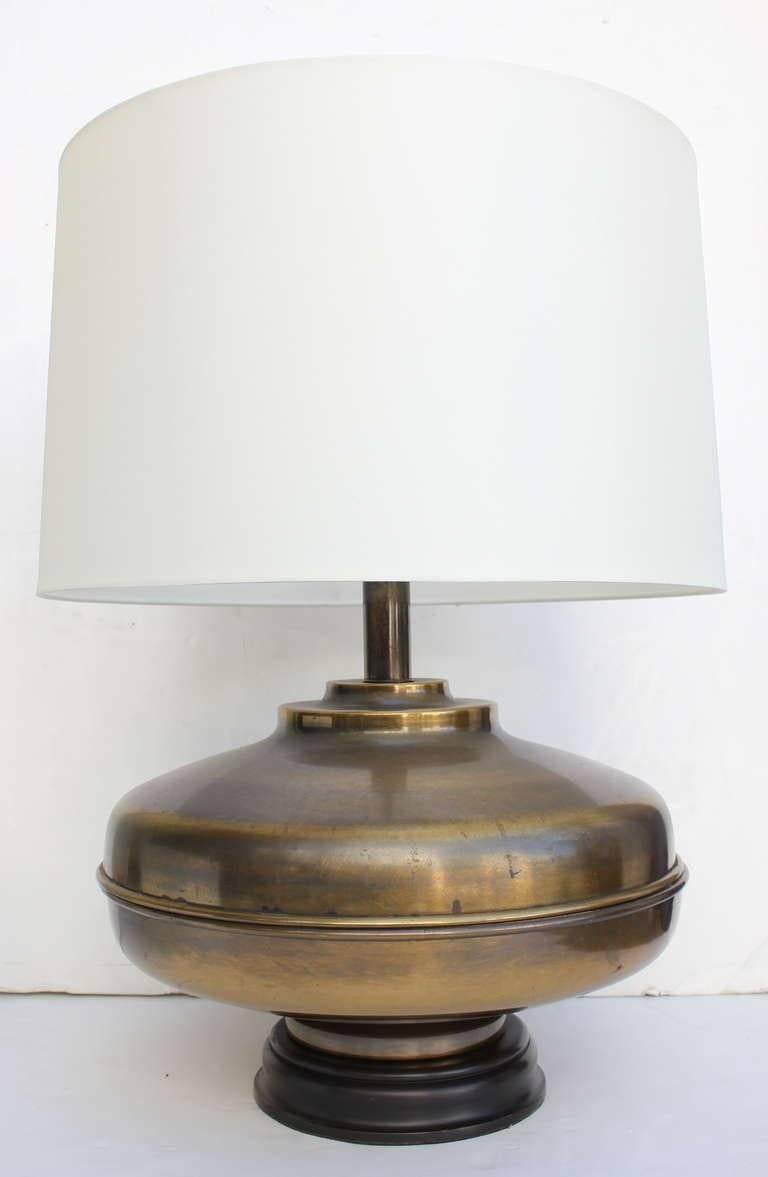 Pair of large brass table lamps. Lamps
Rewired. Restored. Double clusters silk cord 
Lampshades $400 each.