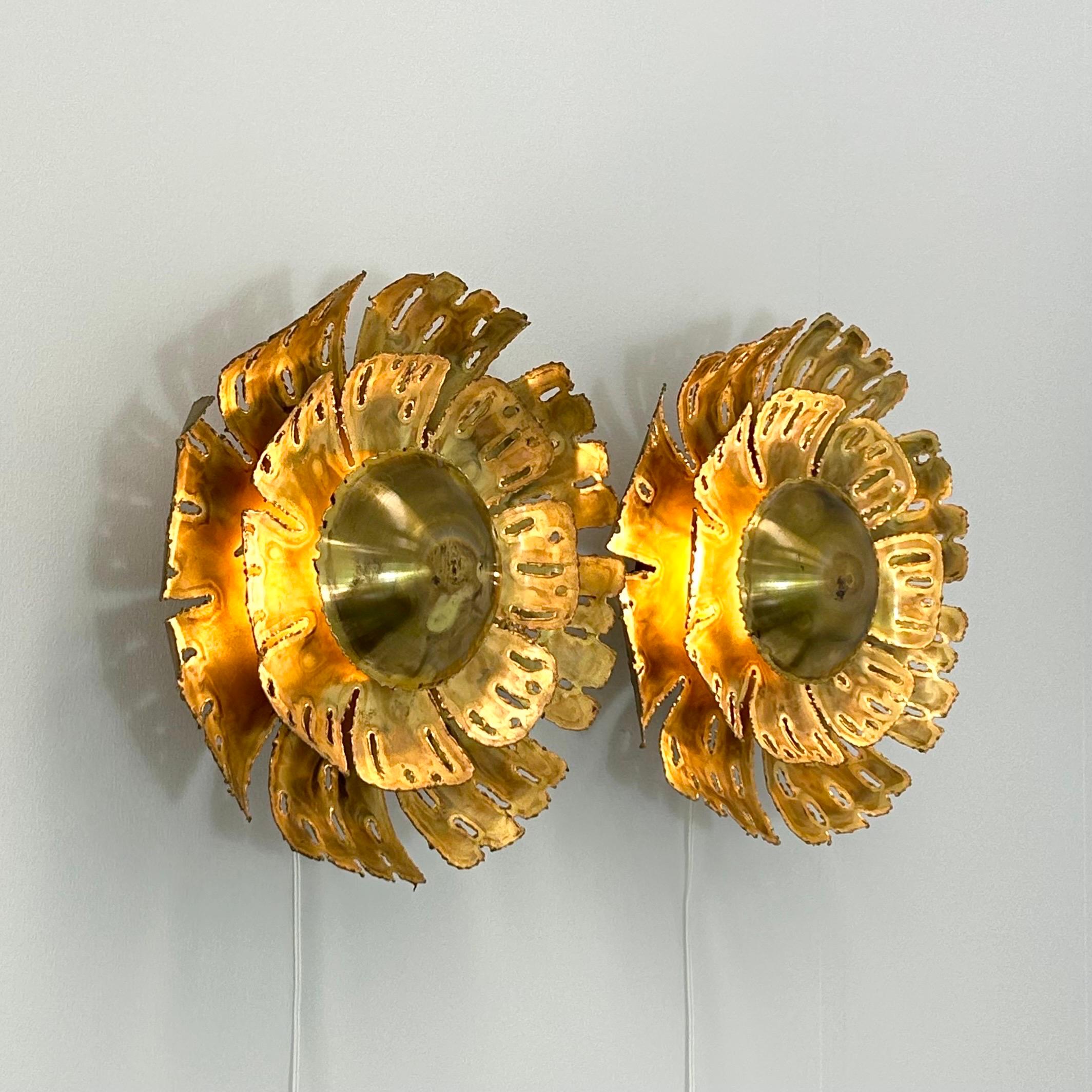 Brutalist Pair of Large Brass Wall Lamps by Svend Aage Holm Sorensen, 1960s, Denmark