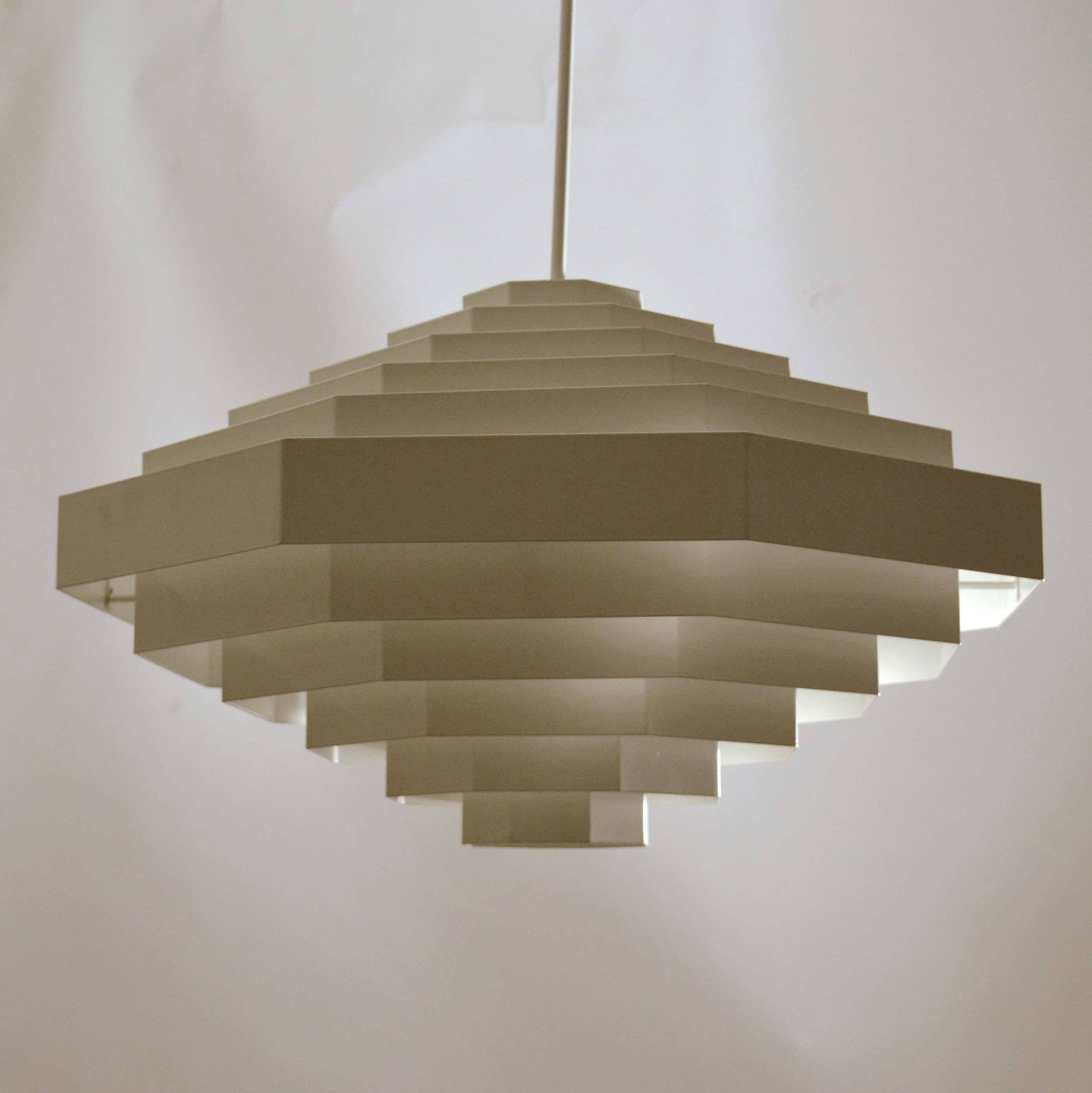 Late 20th Century Pair of Large Bright White Metal Octagonal Origami Chandeliers by Spectral, 1970