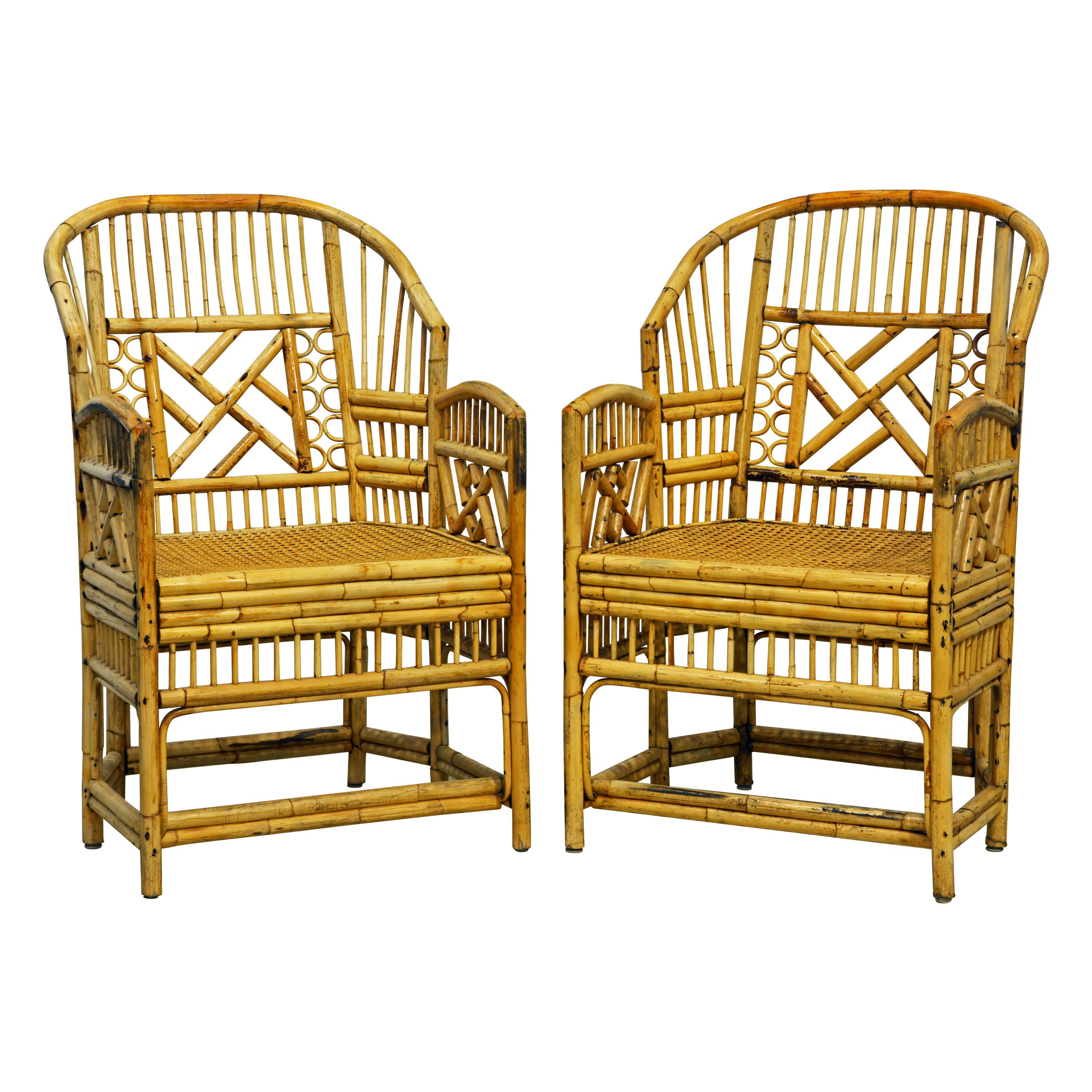 Pair of Large Brighton Pavilion Style Chinoiserie Chippendale Bamboo Armchairs