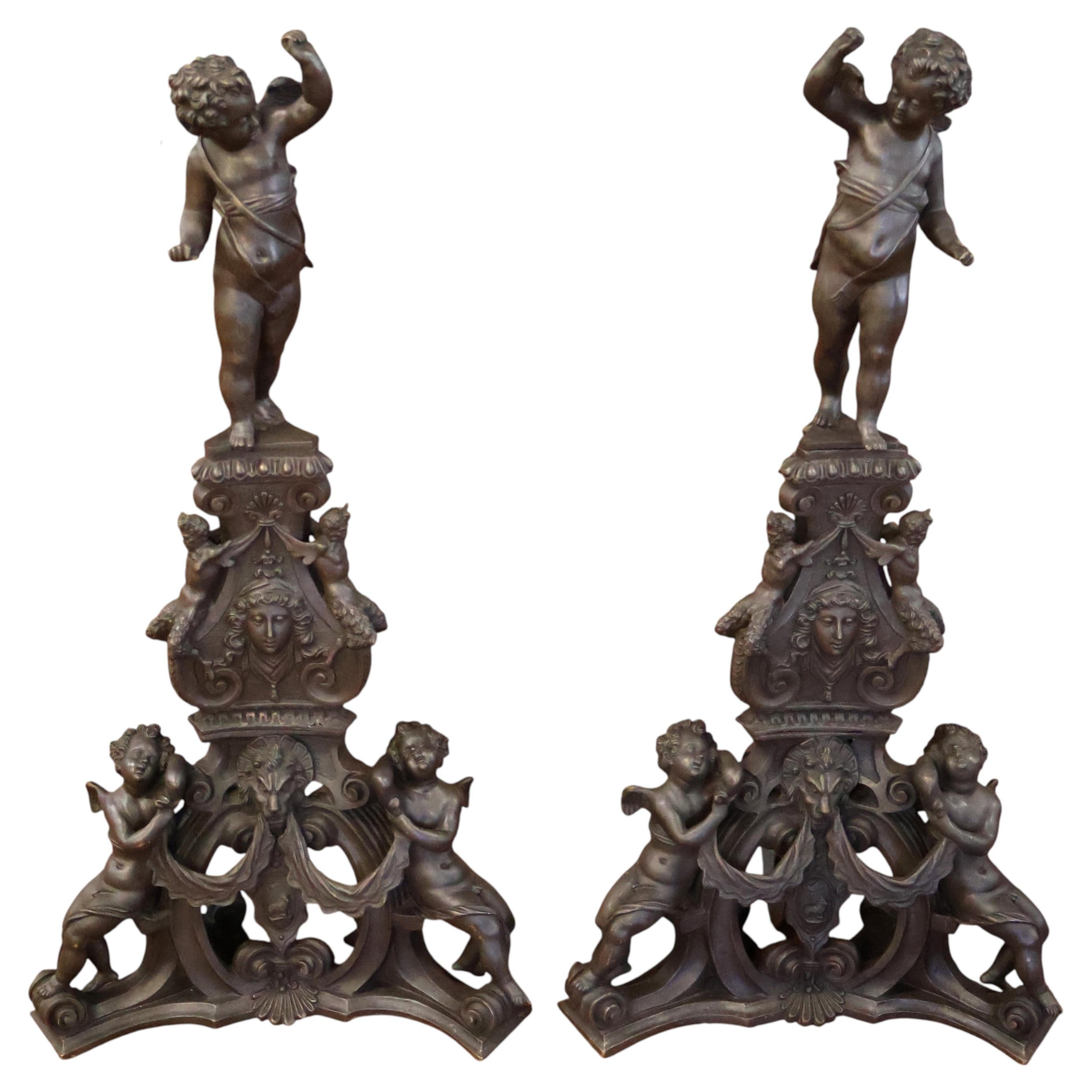 Pair of Large Bronze 19th Century Italian Andirons After Niccolò Roccatagliata
