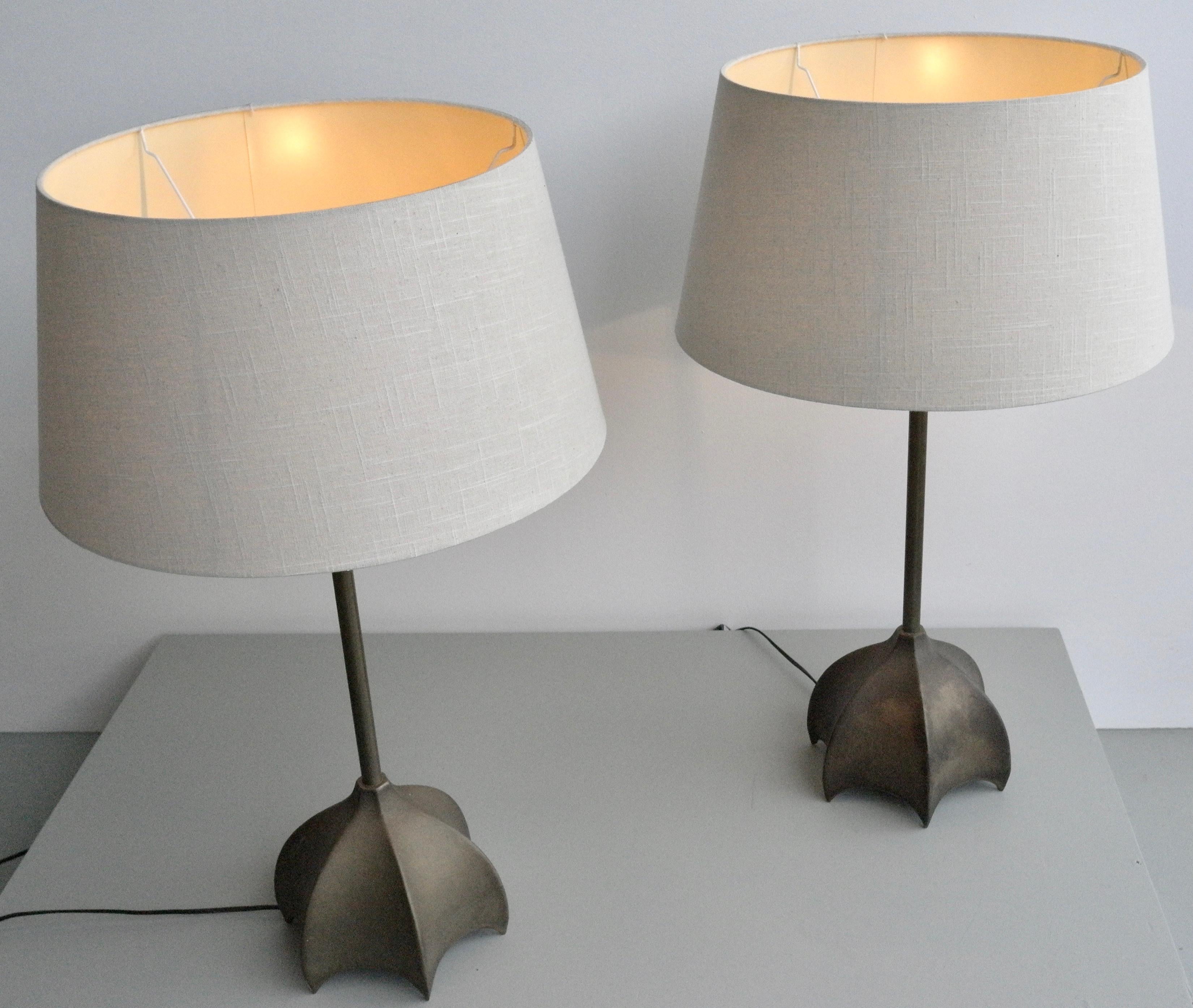 Mid-Century Modern Pair of Large Bronze and Brass Table Lamps, France, 1960s