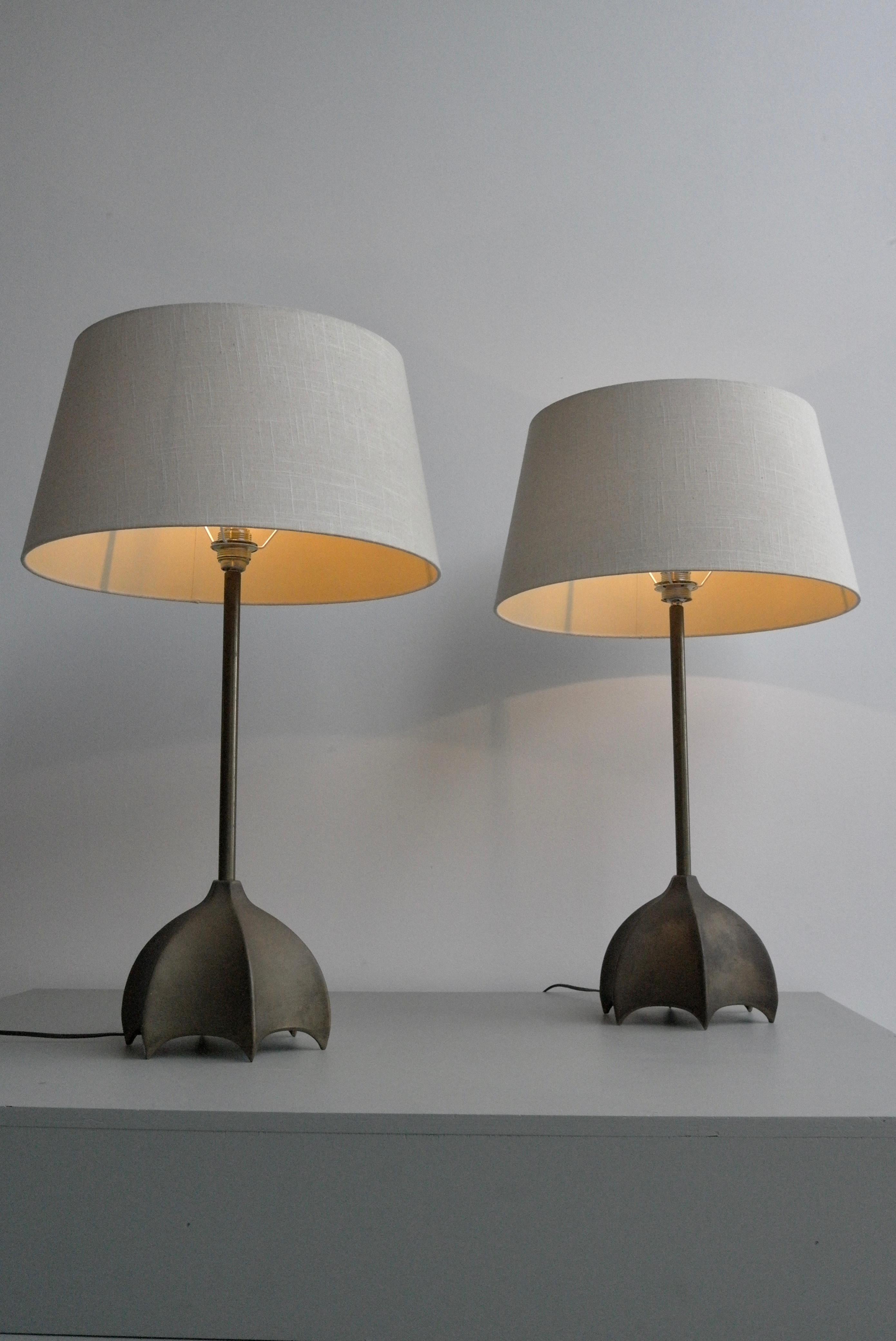 French Pair of Large Bronze and Brass Table Lamps, France, 1960s