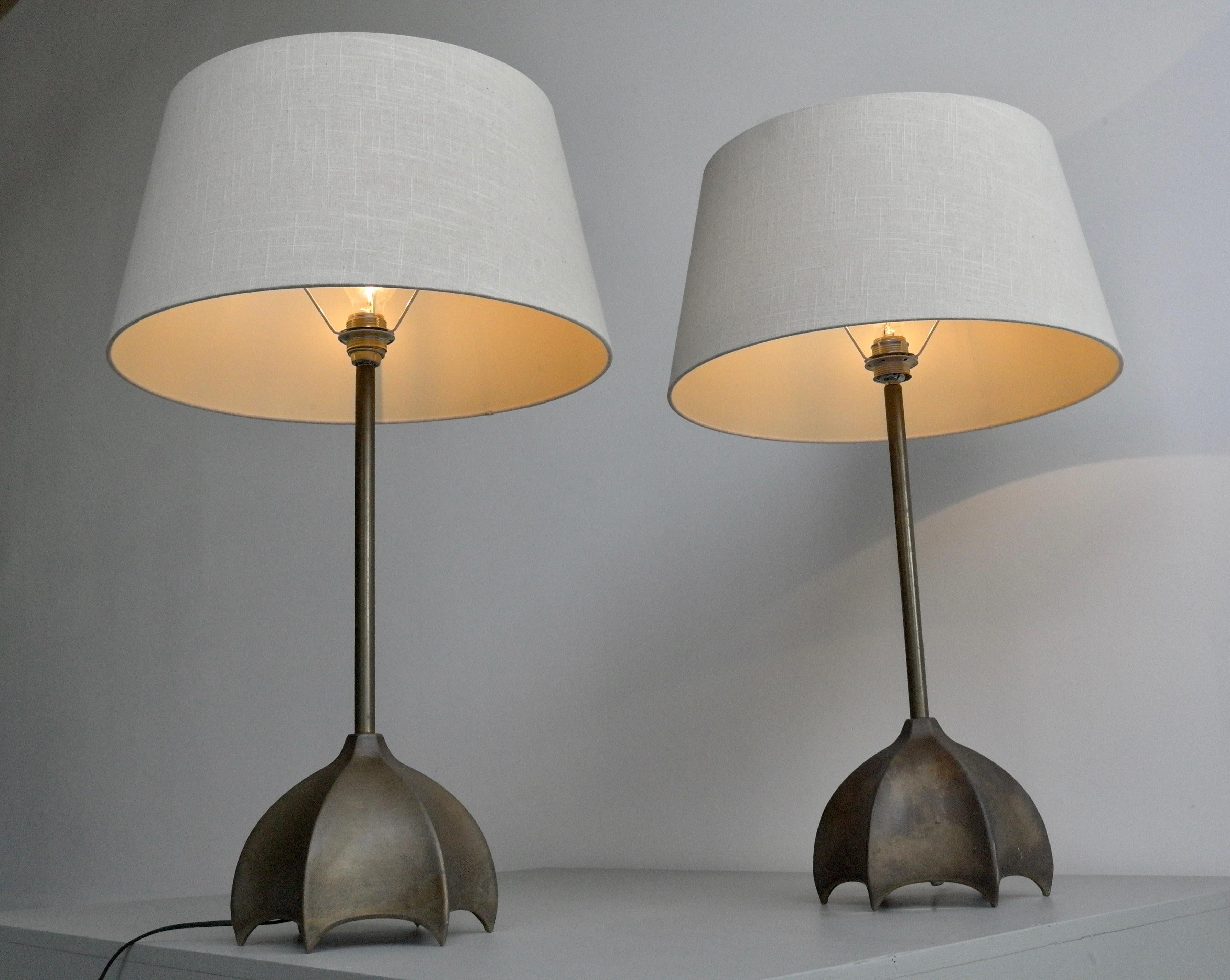 Mid-20th Century Pair of Large Bronze and Brass Table Lamps, France, 1960s