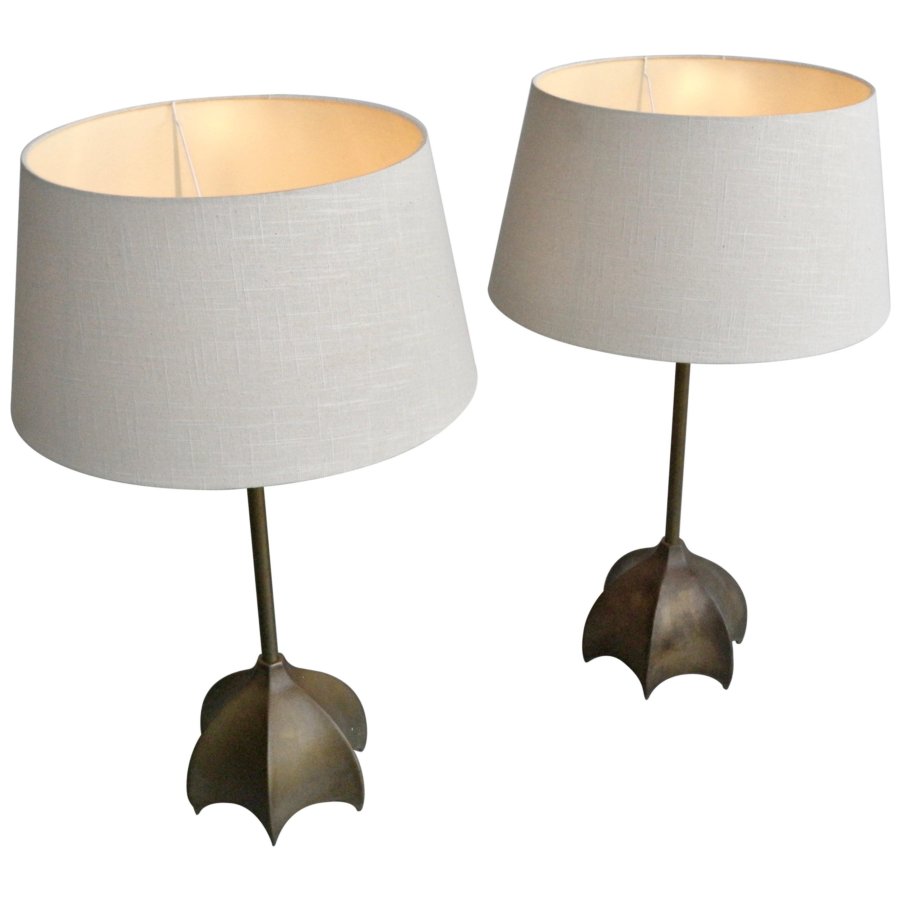 Pair of Large Bronze and Brass Table Lamps, France, 1960s