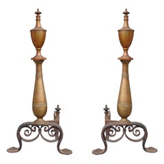Pair of Large Bronze and Iron Andirons, circa 1900