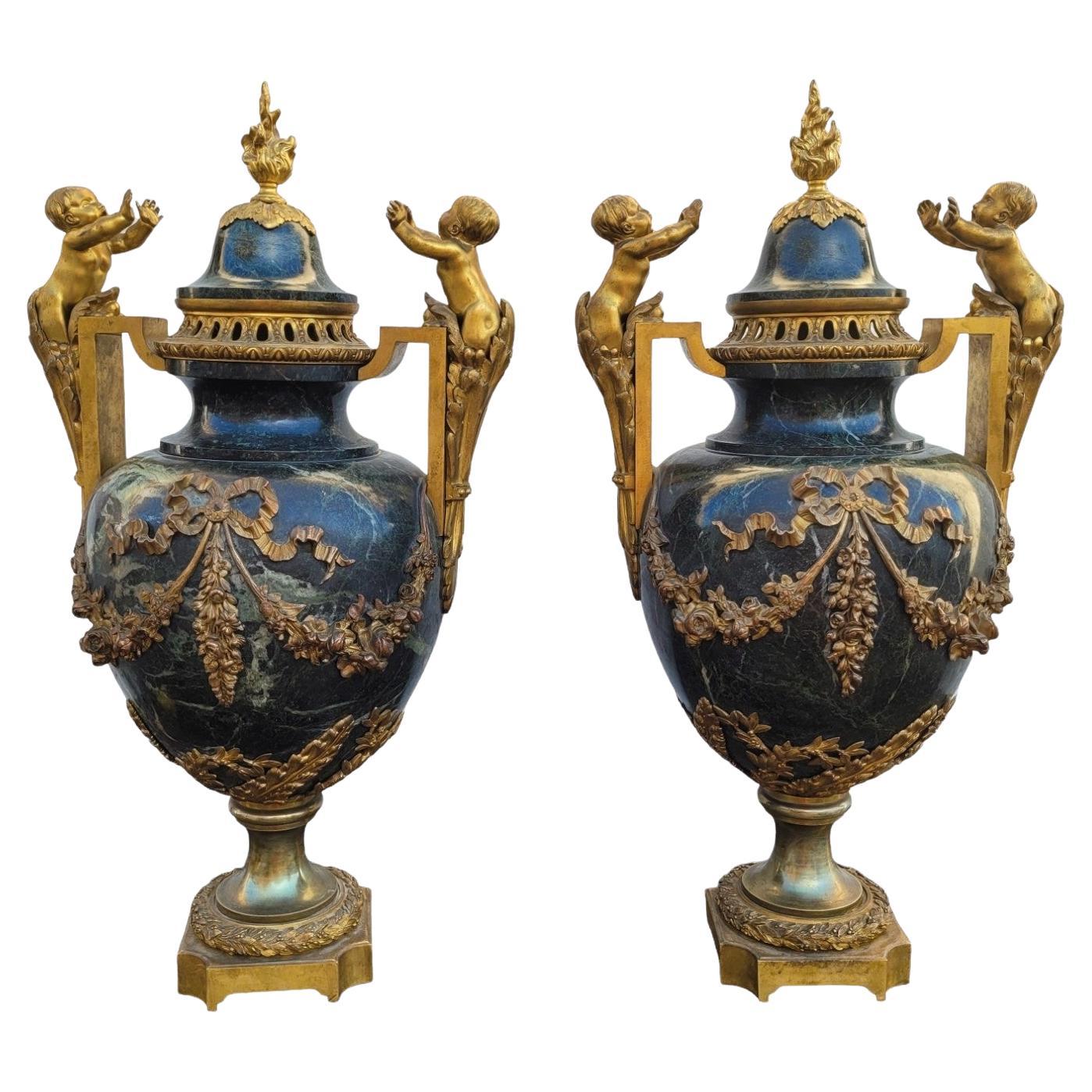 Pair Of Large Bronze And Marble Cassolettes, Napoleon III, 19th Century
